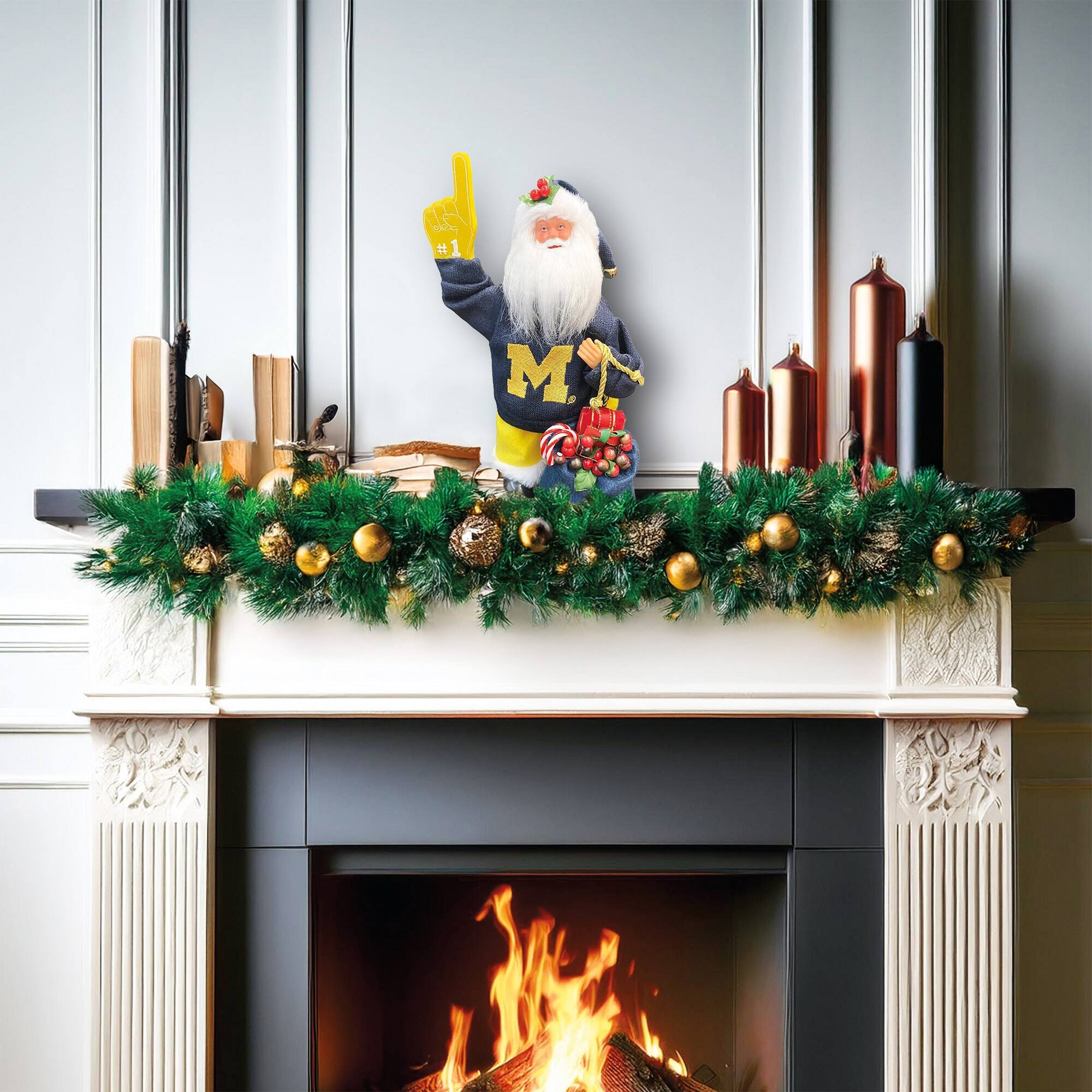 Alt View 2. Santa's Workshop - Michigan Wolverines 12" Animated Musical Santa - Blue.