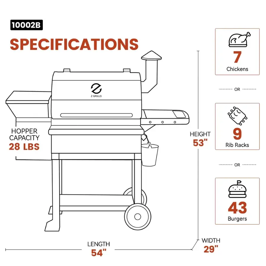 10002B Specifications:

* 7 Chickens or 28 Lbs of Hopper Capacity
* Height: 53"
* Rib Racks or Pork: 9
* Burger Capacity: 43
* Length: 54"
* Width: 29"