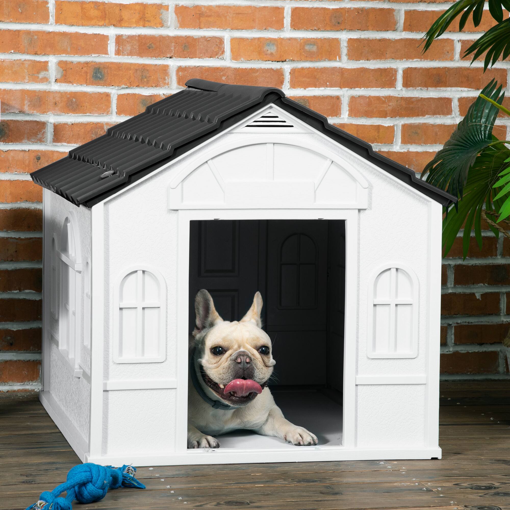 Angle. Siljoy - Gray Plastic Dog House, Water‑Resistant Snap‑Together Shelter for Small/Medium Dogs, Up to 44 lbs.
