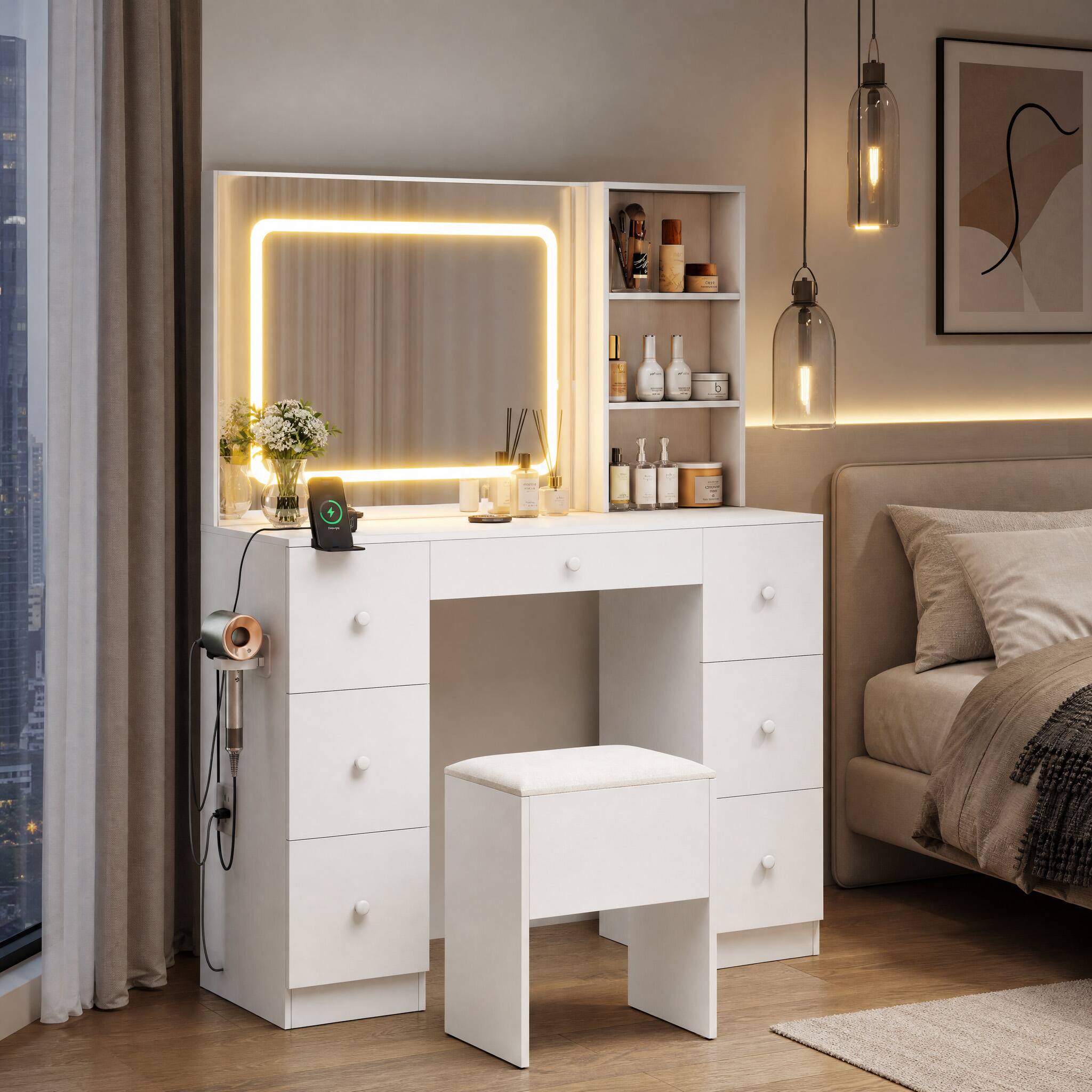 Angle. WELLFOR - Vanity Desk Set with Lighted Mirror & Charging Station, Modern Makeup Vanity with Storage Stool & Hair Dryer Stand - White.