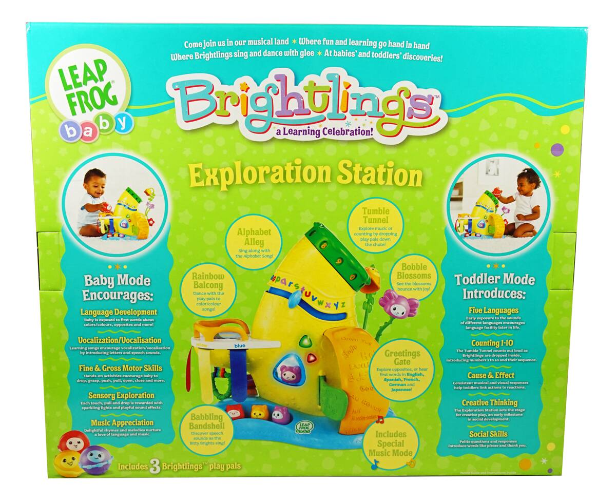 **Leap Frog Baby Brightlings: A Learning Celebration!**

**Exploration Station**

**Come join us in our musical land where fun and learning go hand in hand. Where Brightlings sing and dance with glee at babies' and toddlers' discoveries!**

**Baby Mode Encourages:**
- **Language Development:** Baby is exposed to words about colors, opposites, and more!
- **Vocalization/Vocalisation:** Learning songs encourage vocalization/vocalisation.
- **Fine & Gross Motor Skills:** Hands-on activities encourage grasping, grabbing, pushing, pulling, opening, and more.
- **Sensory Exploration:** Each touch, pull, and drop engages the senses with a playful audio effect.
- **Music Appreciation:** A delightful polyphonic music and melody encourage love of language and music.

**Toddler Mode Introduces:**
- **Five Languages:** Early exposure to the sounds of five languages encourages language facility later in life.
- **Counting 1-10:** The Tumble Tunnel counts by dropping play pails down the chute.
- **Cause & Effect:** Musical and visual responses help toddlers link actions to reactions.
- **Creative Thinking:** The Exploration Station introduces cause and effect in social development.
- **Social