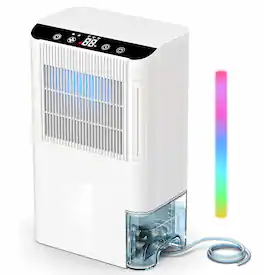 Teendow - Dehumidifiers for Home, 2000 Sq.Ft Small Dehumidifier with 3.3ft Drain Hose, 2.5L Tank, 7-Color Light, Timer Sleep Mode - White