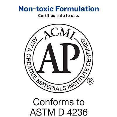Non-toxic Formulation  
Certified safe to use.  

ACMI AP  
Art & Creative Materials Institute  
Certified  

Conforms to ASTM D 4236