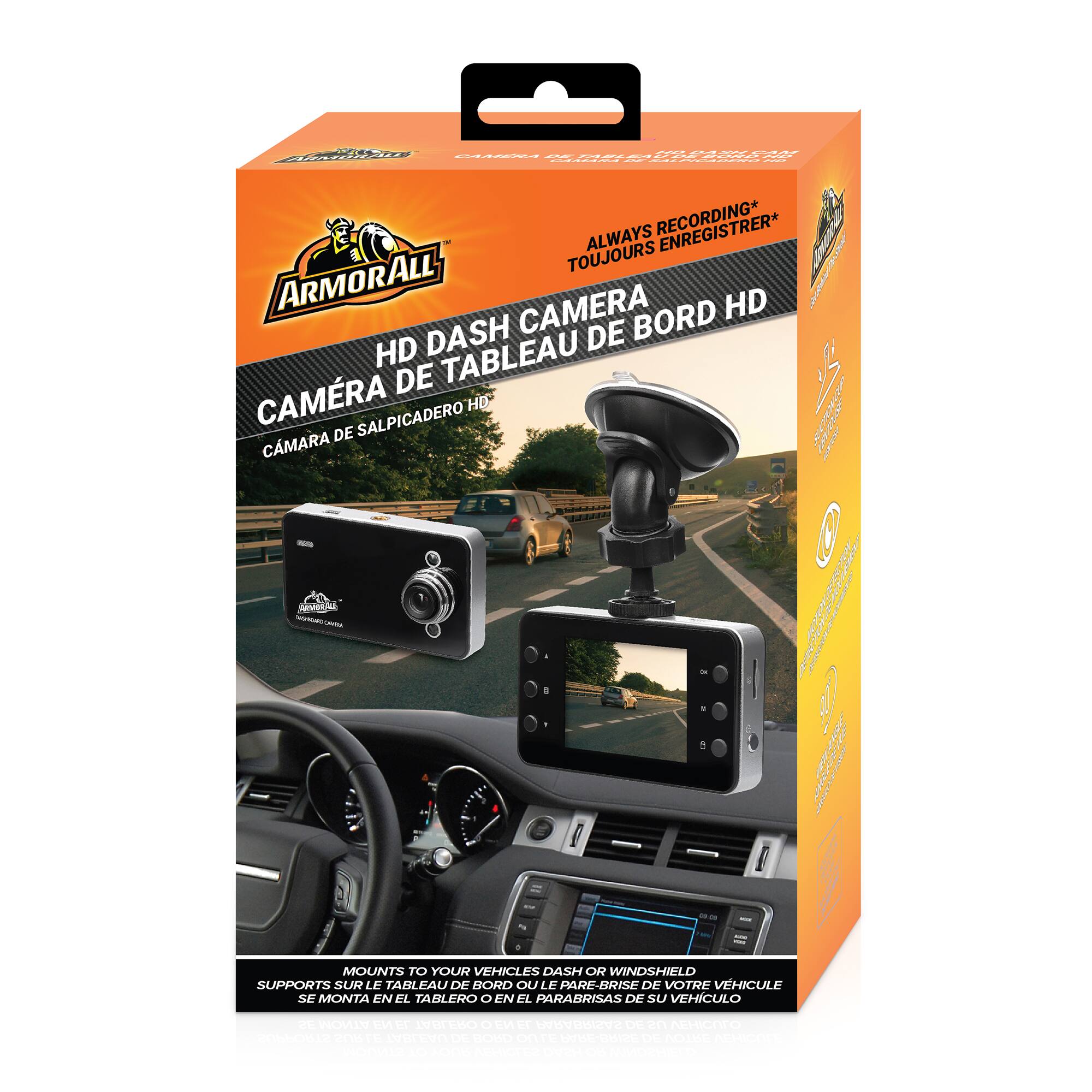 CO Fi ECU- : - - | |  RECORDING* ALWAYS TOUJOURS Aa ARMORALL CAMERA HD DASH CAMÉRA DE TABLEAU DE BORD HD CÁMARA DE SALPICADERO HD AUTEN UHEYRIC DE JO CMARA  -   | | JO J | MOUNTS TO YOUR VEHICLES DASH OR WINDSHIELD SUPPORTS SUR LE TABLEAU DE BORD OU LE PARE-BRISE DE VOTRE VÉHICULE SE MONTA EN EL TABLERO O EN EL PARABRISAS DE SU VEHICULO