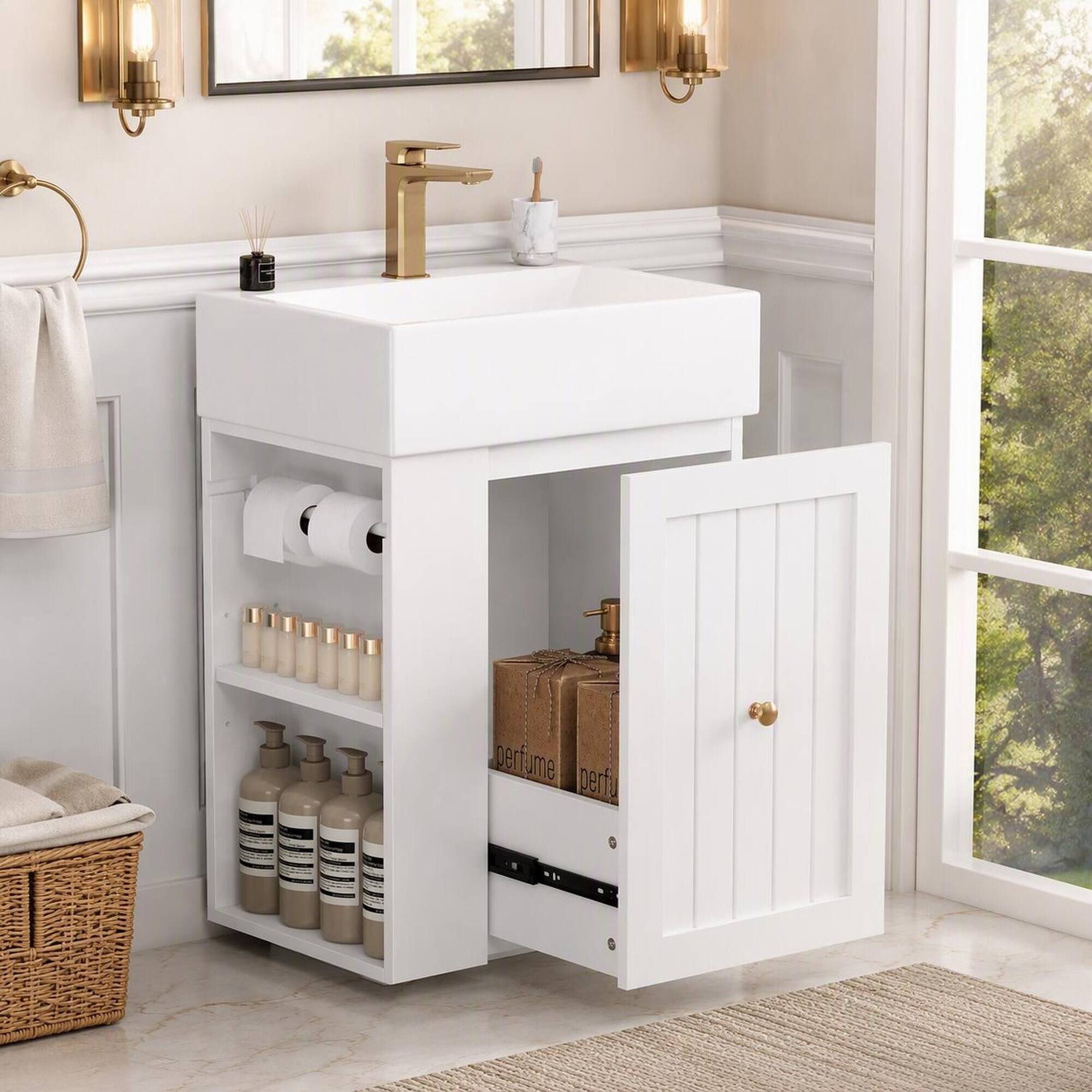 RYHNUYNE 20 Inch Bathroom Vanity with Ceramic Sink, Drawer and Side ...