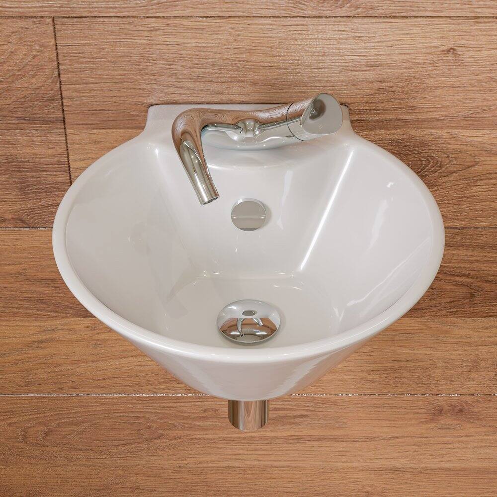 Left. Alfi - White 17" Round Wall Mounted Ceramic Sink with Faucet Hole - White.