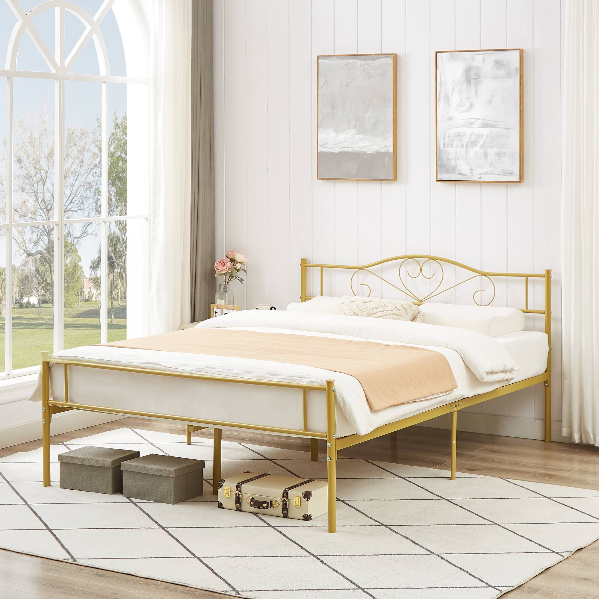 Alt View 2. Vecelo - 14" Queen Metal Bed Frame with Headboard&Footboard, Heavy Duty Steel Slats, No Box Spring, Gold-Easy Assembly - Gold.