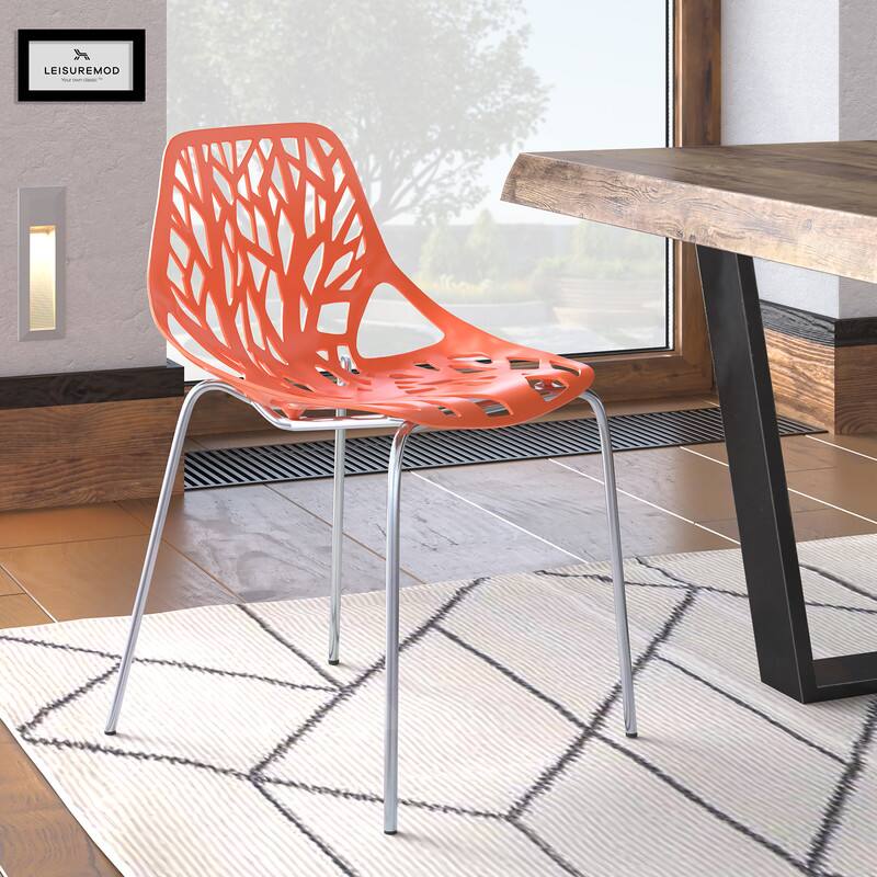 Angle. LeisureMod - Asbury Stackable Modern Dining Chair with Cut Out Design and Chrome Legs Side Chair for Home Living Room - Orange.