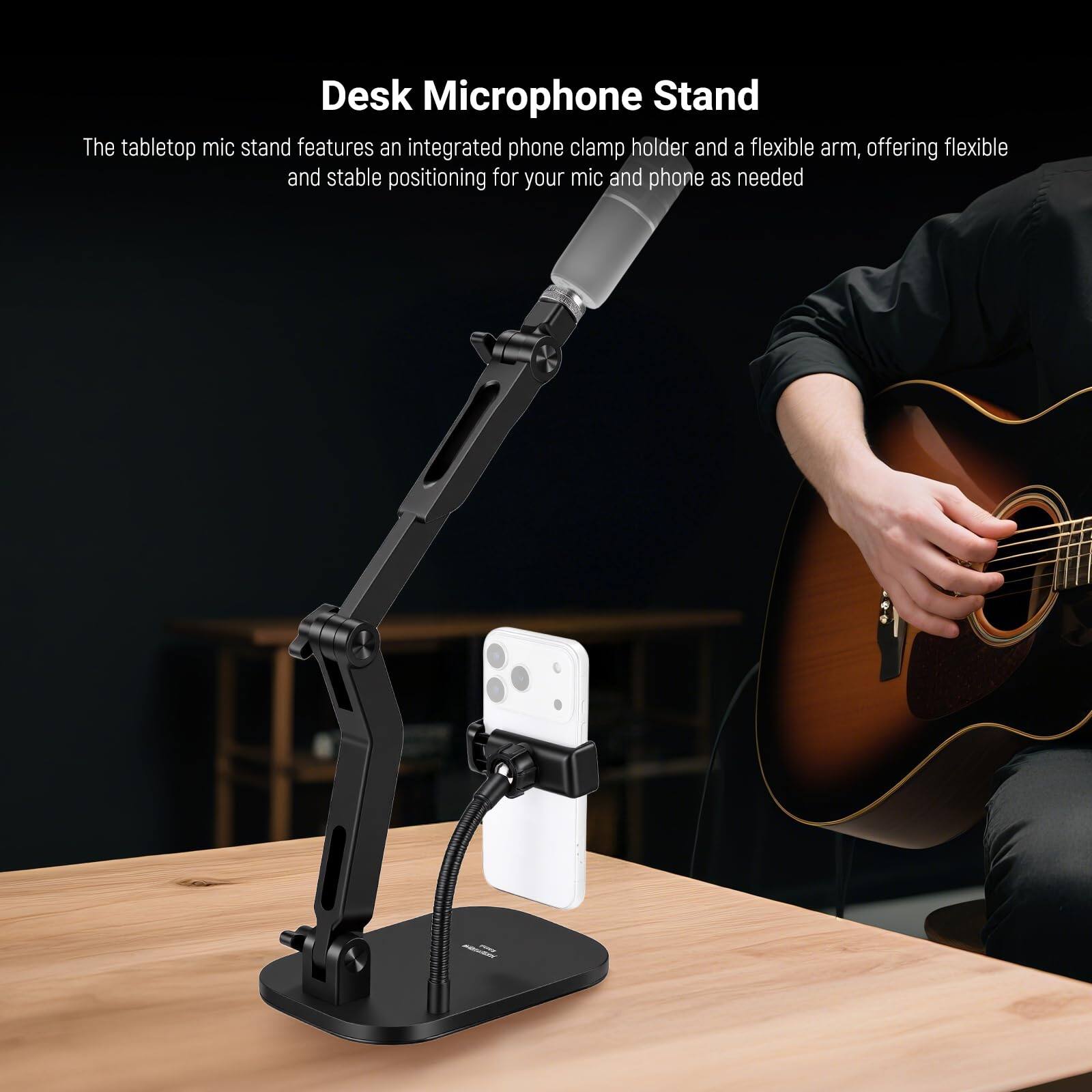 Desk Microphone Stand

The tabletop mic stand features an integrated phone clamp holder and a flexible arm, offering flexible and stable positioning for your mic and phone as needed.