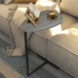 Loheer - C-Shaped Side Table with Storage Basket Sofa End Table Portable Laptop Holder Wood Look Accent Table - Grey Walnut