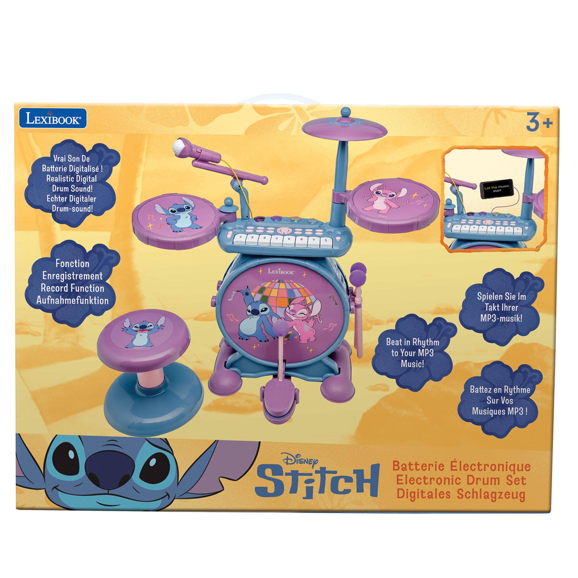 LEXIBOOK 3+  
Vrai Son De Batterie Digitalisé !  
Realistic Digital Drum Sound!  
Echter Digitaler Drum-Sound!  

Fonction Enregistrement  
Record Function  
Aufnahmefunktion  

LexiBook  
Spielen Sie Im Takt Ihrer MP3-musik!  
Beat in Rhythm to Your MP3 Music!  
Battez en Rythme Sur Vos Musiques MP3!  

Disney Batterie Électronique  
Electronic Drum Set  
Digitales Schlagzeug  

3+