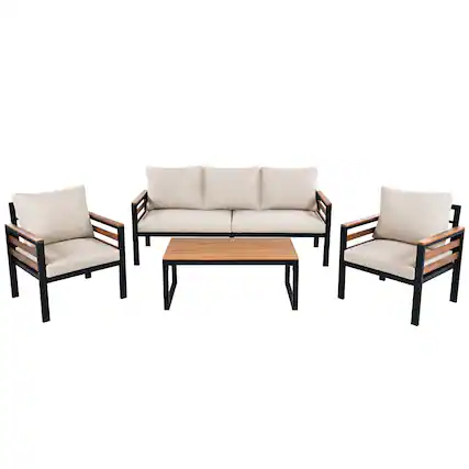 Front. Whisen - 4-Piece Outdoor Patio Furniture Set, 5-Seater Conversation Set with Acacia Wood Armrests and Coffee Table - Beige.