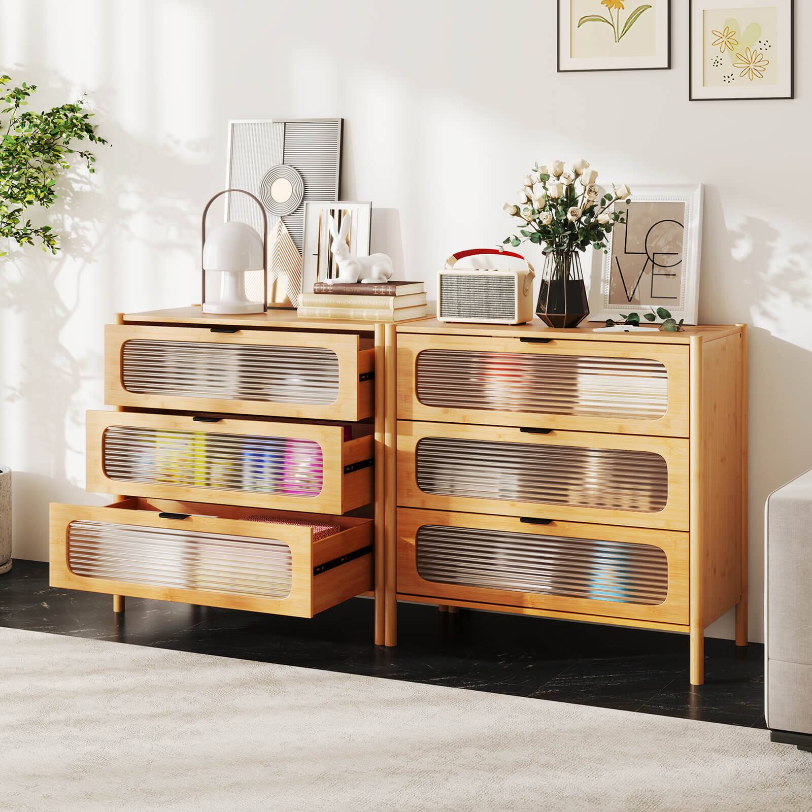 Alt View 4. Costway - Costway 3-Drawer Dresser with Reeded Tempered Glass Front Bamboo Storage Cabinet - Beige.