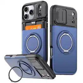 Dteck - Rugged Case for Apple iPhone 17 Pro Max Shockproof Drop Protection Hidden Card Slot Ring Kickstand Sliding Camera Cover - Blue