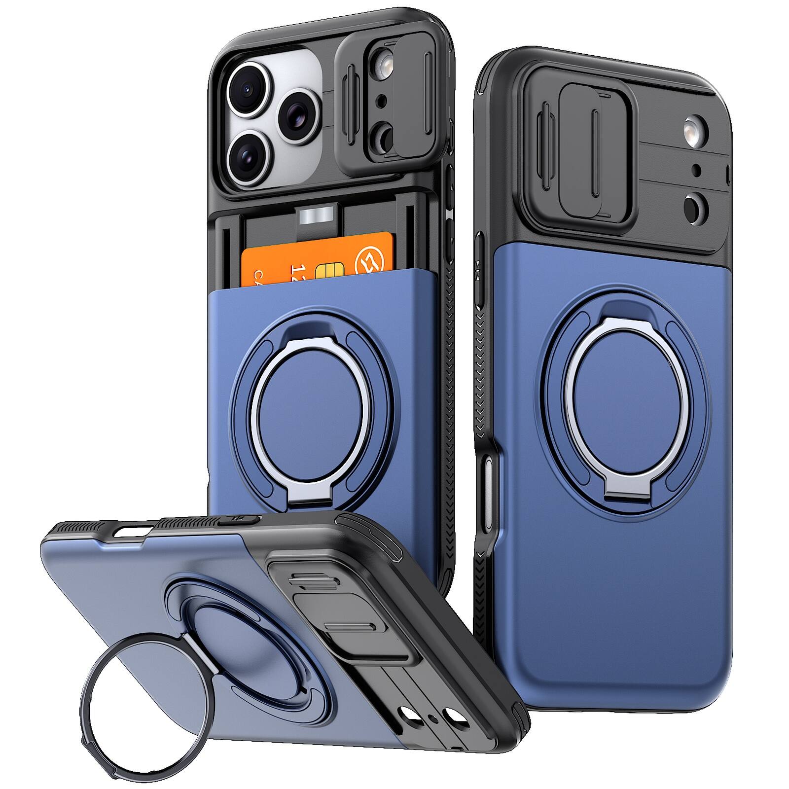 Front. Dteck - Rugged Case for Apple iPhone 17 Pro Max Shockproof Drop Protection Hidden Card Slot Ring Kickstand Sliding Camera Cover - Blue.