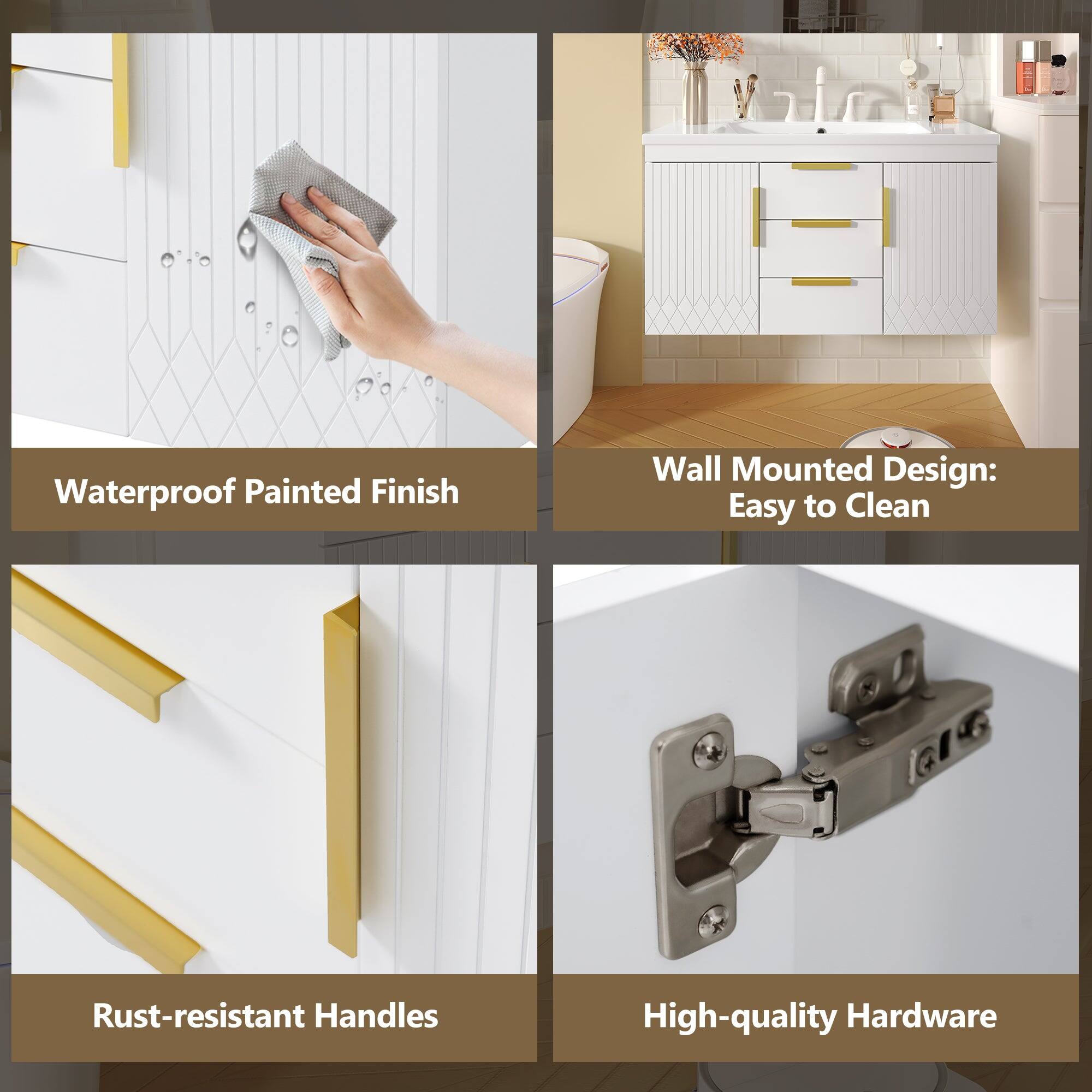 Waterproof Painted Finish  
Wall Mounted Design: Easy to Clean  
Rust-resistant Handles  
High-quality Hardware