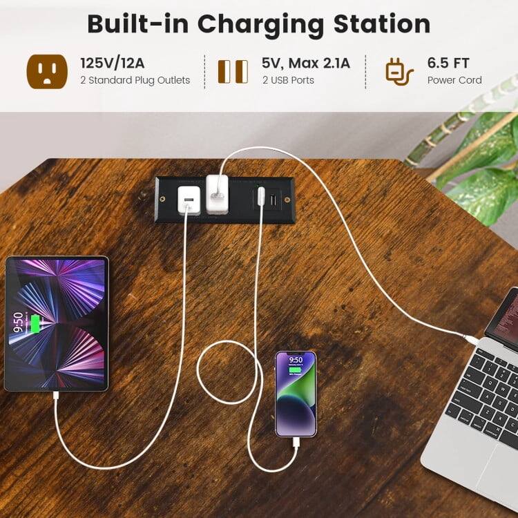 Built-in Charging Station  
125V/12A  
2 Standard Plug Outlets  
5V, Max 2.1A  
2 USB Ports  
6.5 FT Power Cord