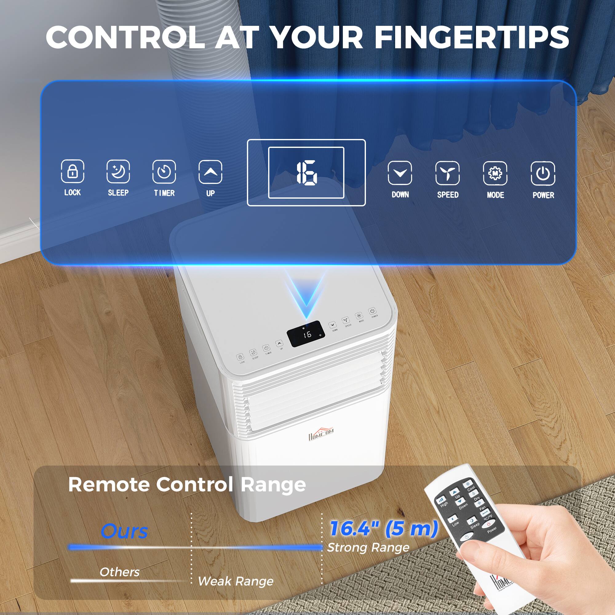 CONTROL AT YOUR FINGERTIPS

LOCK
SLEEP
TIMER
UP
DOWN
SPEED
MODE
POWER

Remote Control Range
Ours: 16.4" (5 m) Strong Range
Others: Weak Range
