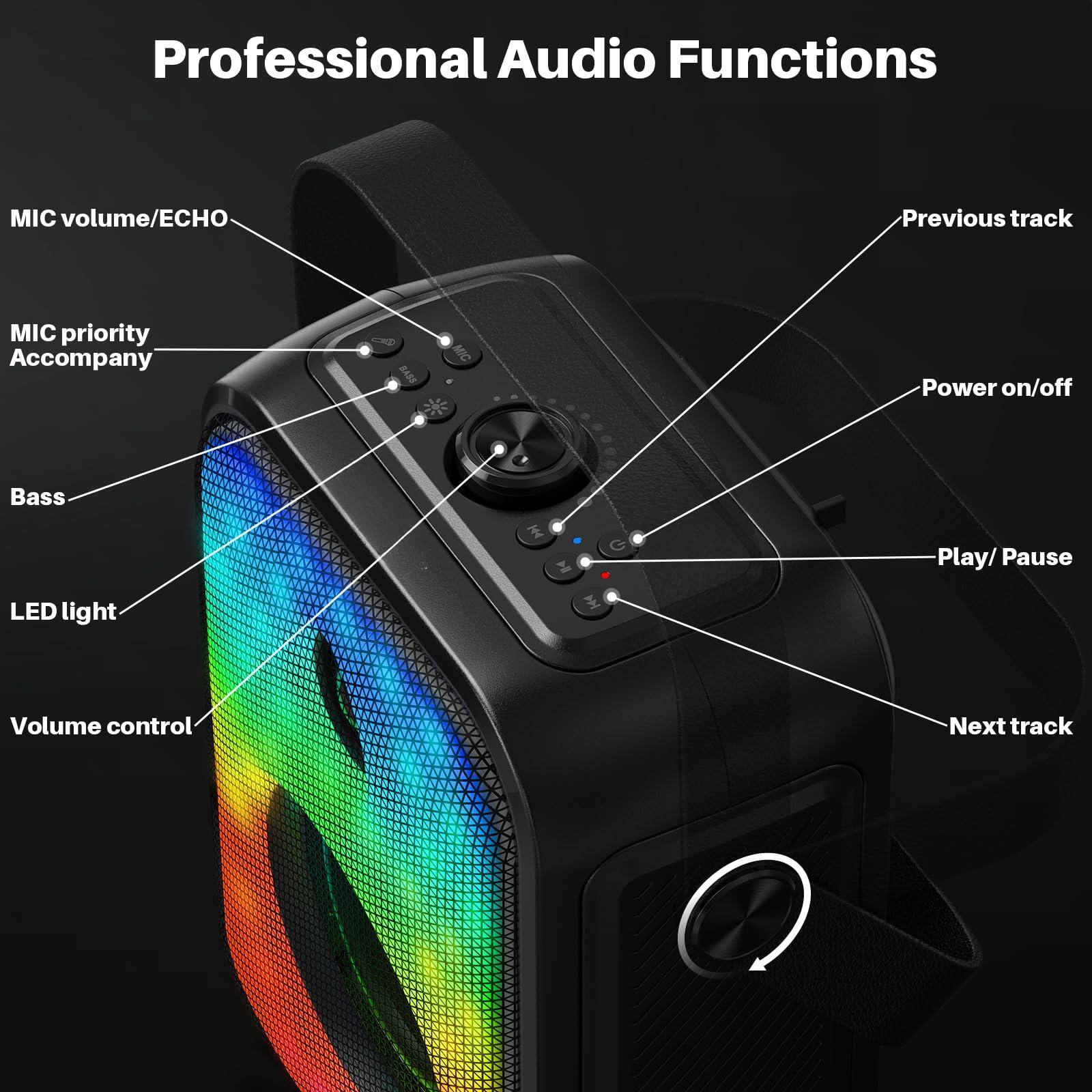 Professional Audio Functions

- MIC volume/ECHO
- MIC priority Accompany
- Bass
- LED light
- Volume control
- Power on/off
- Play/ Pause
- Previous track
- Next track