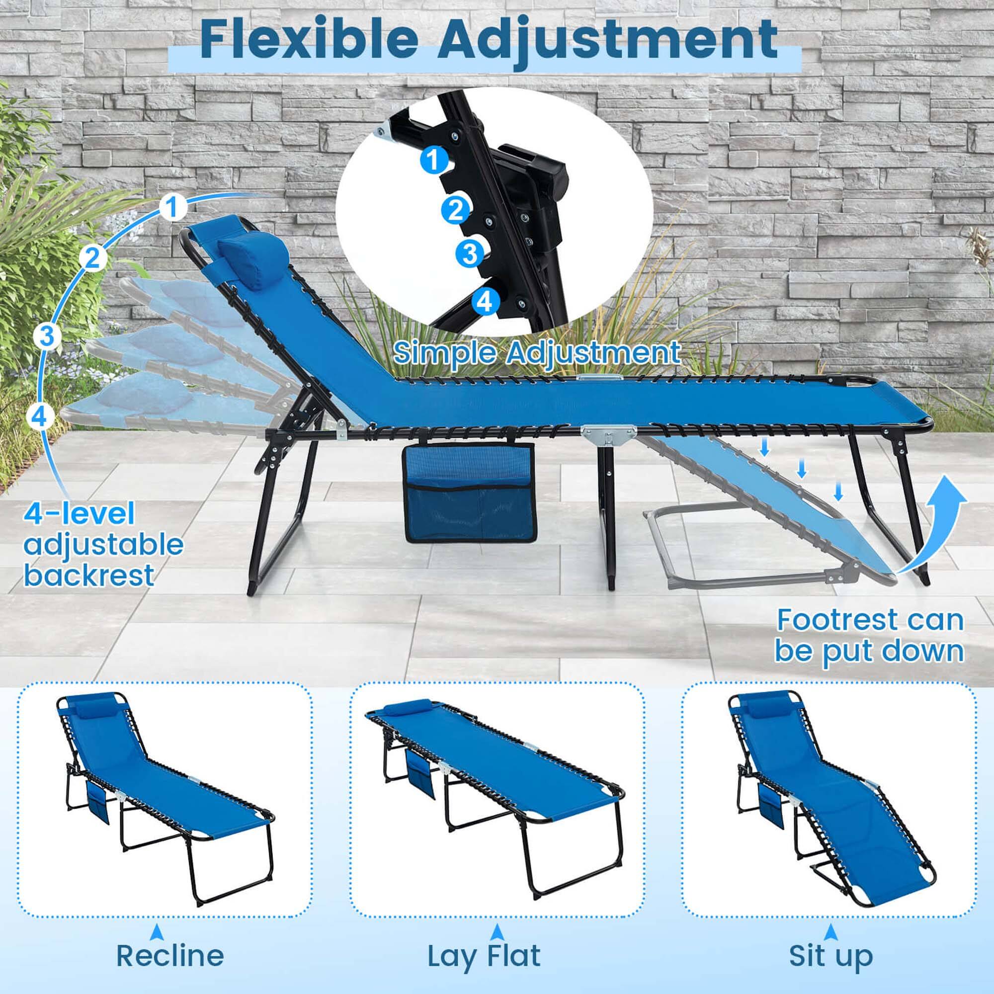 Flexible Adjustment: 1 2 3 4
Simple Adjustment: 1 2 3 4
4-level adjustable backrest
Footrest can be put down
Recline
Lay Flat
Sit up