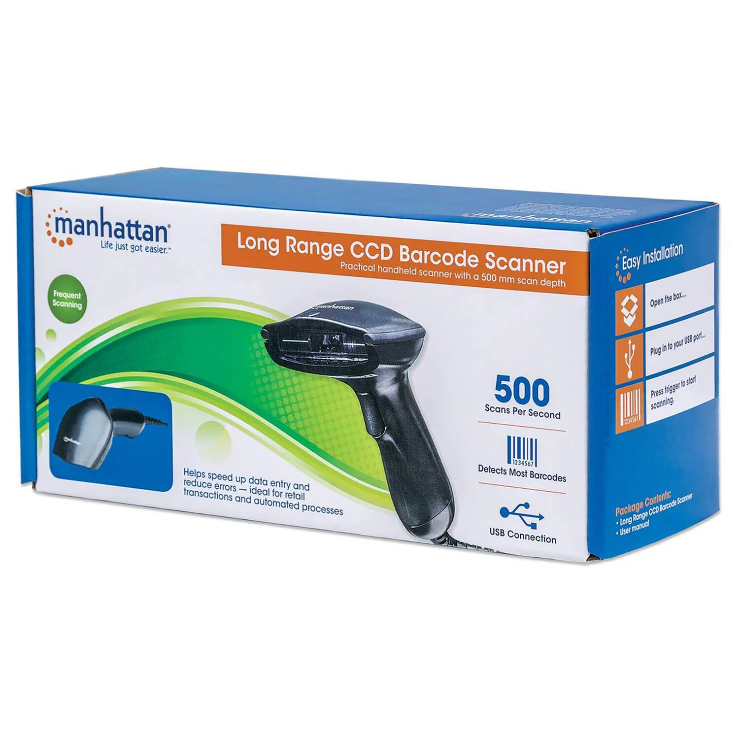 "manhattan Life just got easier." Frequent Scanning Long Range CCD Barcode Scanner Practical handheld scanner with a 500 mm scan depth the b. On 500 Scans Per Second I pot. i e your Plug i sier Press tigger seanning mEe Helps speed up data reduce errors entry and transactions ideal for retail and automated processes TACPEI Detects Most Barcodes USB Connection Contents Aacodelcmer Package Rtange CCO Long manual