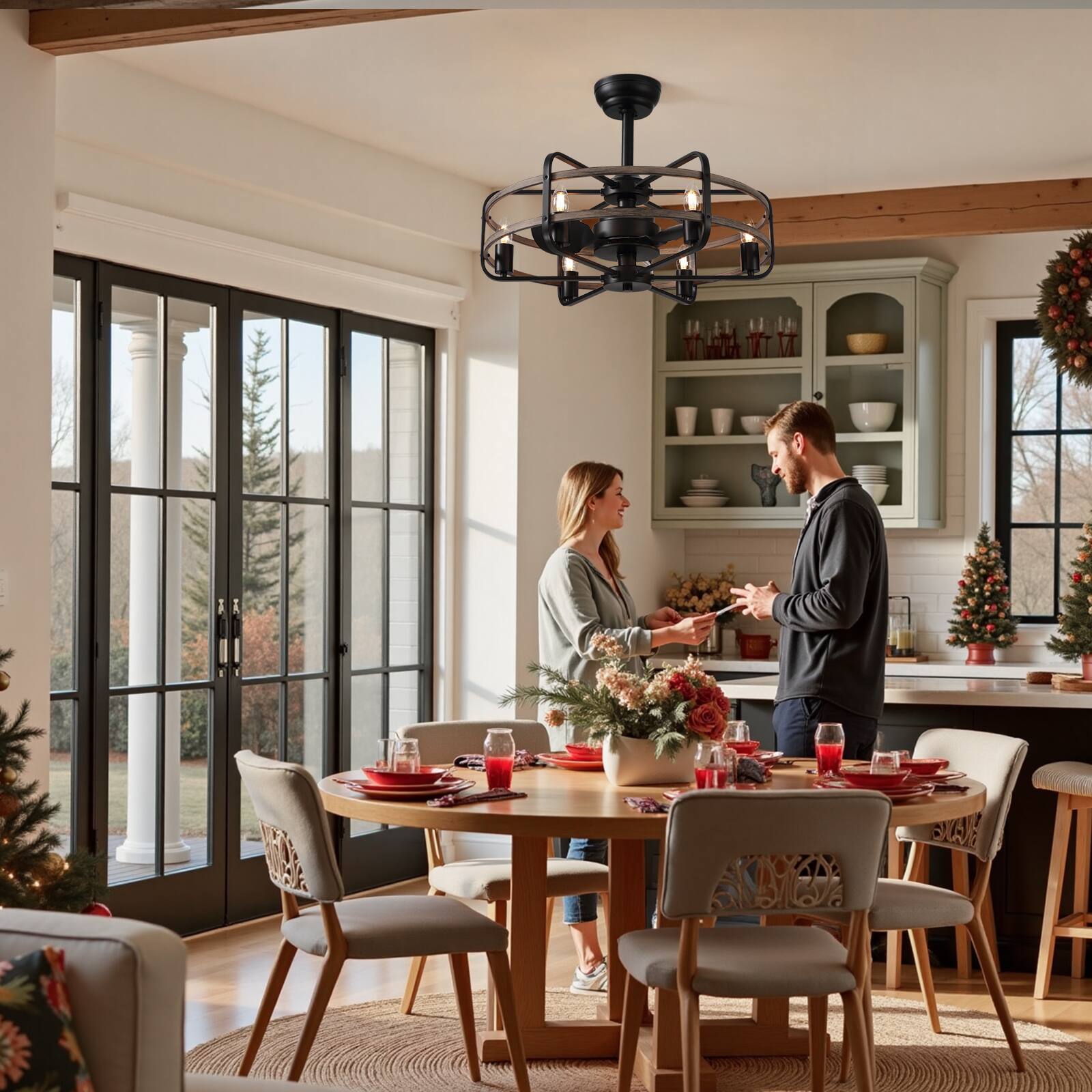 Back. Siljoy - 24-inch Farmhouse Caged Ceiling Fan with 6 Lights Rustic Wood Grain Bladeless Fan Light for Bedroom Living Room Foyer - Gray wood grain.