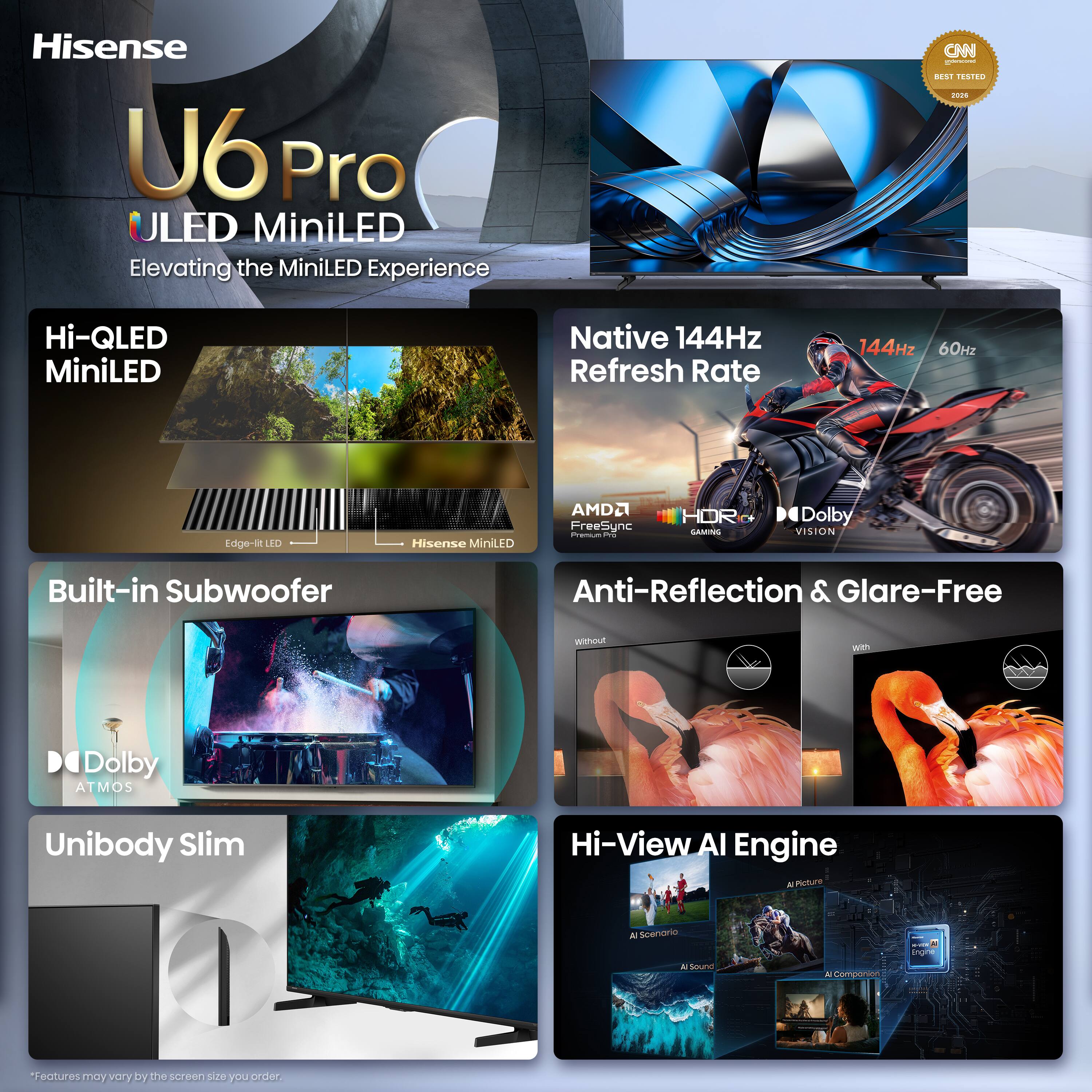 Hisense U6 Pro ULED MiniLED  
Elevating the MiniLED Experience

CNN BEST TESTED 2026

Hi-QLED MiniLED  
Native 144Hz Refresh Rate  
144Hz 60Hz  
Edge-lit LED  
Hisense MiniLED  
AMD FreeSync Premium Pro  
HDR GAMING  
Dolby VISION  
Built-in Subwoofer  
Anti-Reflection & Glare-Free  
Without  
with  
Dolby ATMOS  
Unibody Slim  
Hi-View AI Engine  
AI Picture  
AI Scenario  
AI Sound  
A Companion  
Engine  

*Features may vary by the screen size you order.