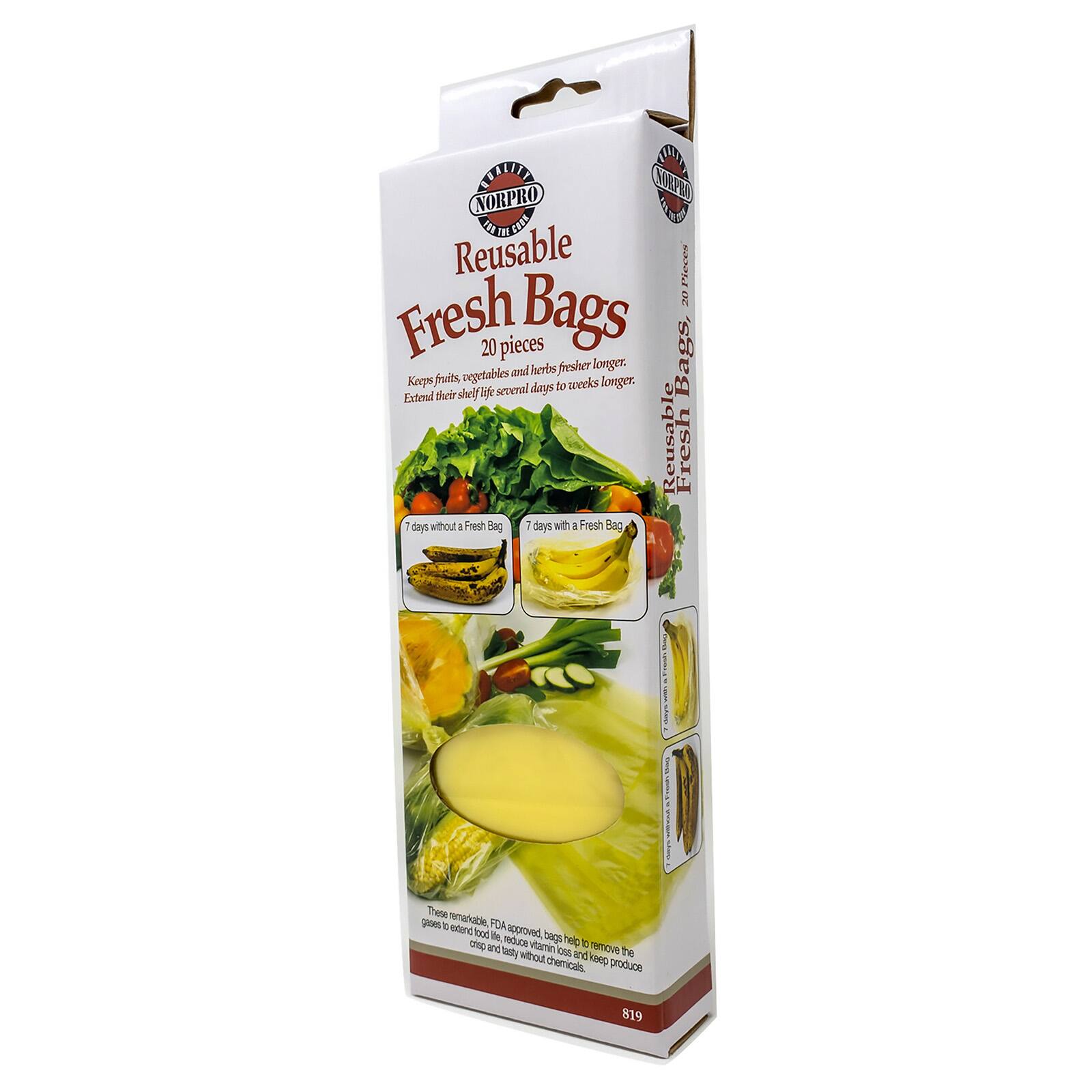 NORPRO Reusable Fresh Bags, 20 pieces. Keeps fruits, vegetables and herbs fresher longer. Extend their shelf life several days with a Fresh Bag. 7 days without a Fresh Bag. 7 days with a Fresh Bag. These remarkable, FDA approved bags help remove the ethylene gas to extend food, reduce vitamin C loss and keep produce crisp and fresh without chemicals.
