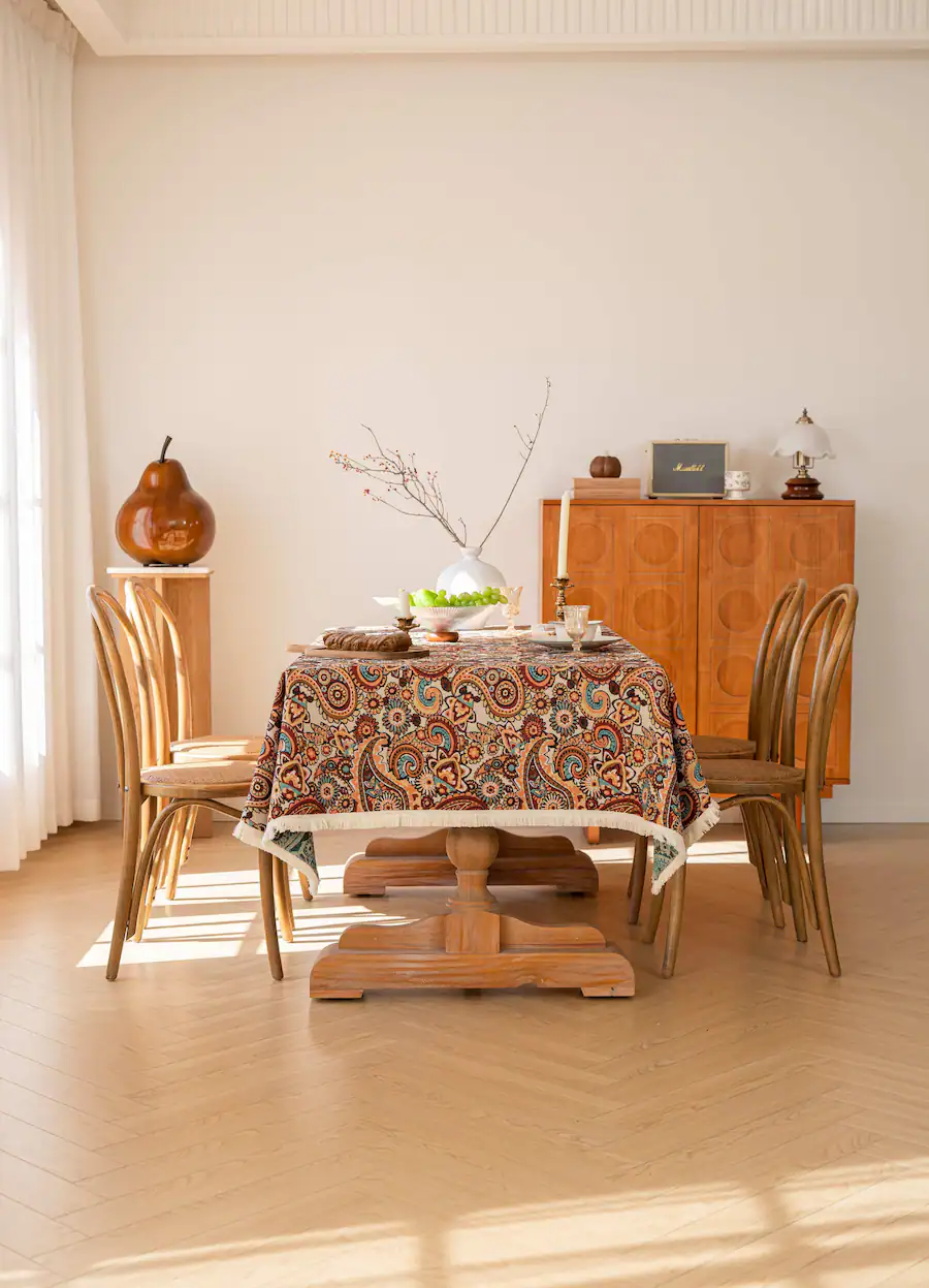 Rectangular Pattern Vintage Oumilen 59x118in Rectangle Paisley Tablecloth with Off White Fringe ...