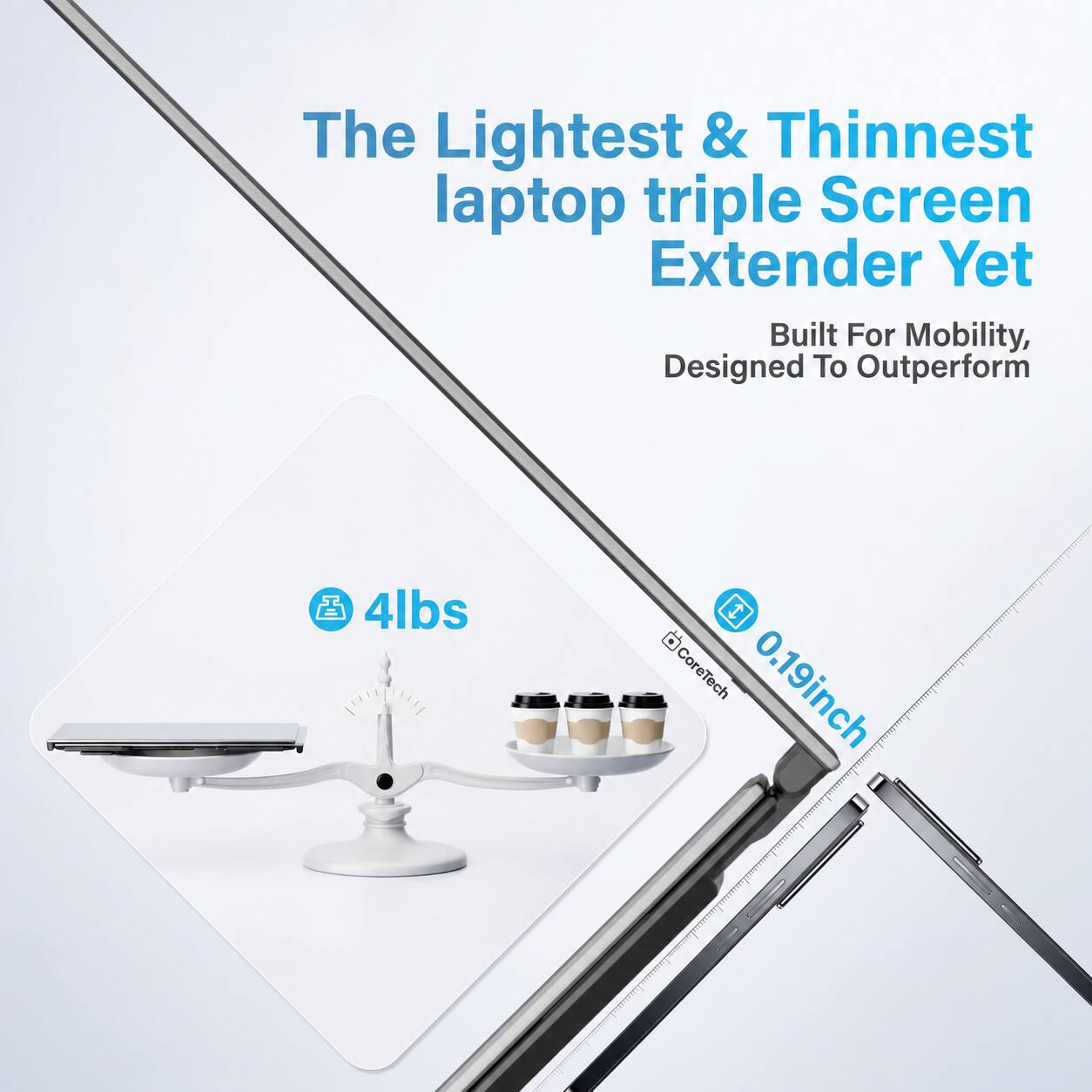 The Lightest & Thinnest laptop triple Screen Extender Yet  
Built For Mobility, Designed To Outperform  

4lbs  
0.19inch