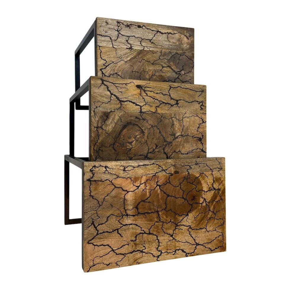 Alt View 1. Carolina Chair & Table - Electra 3 Piece Nesting Table Set - Electrified Wood - Black Iron - Chestnut, Black.