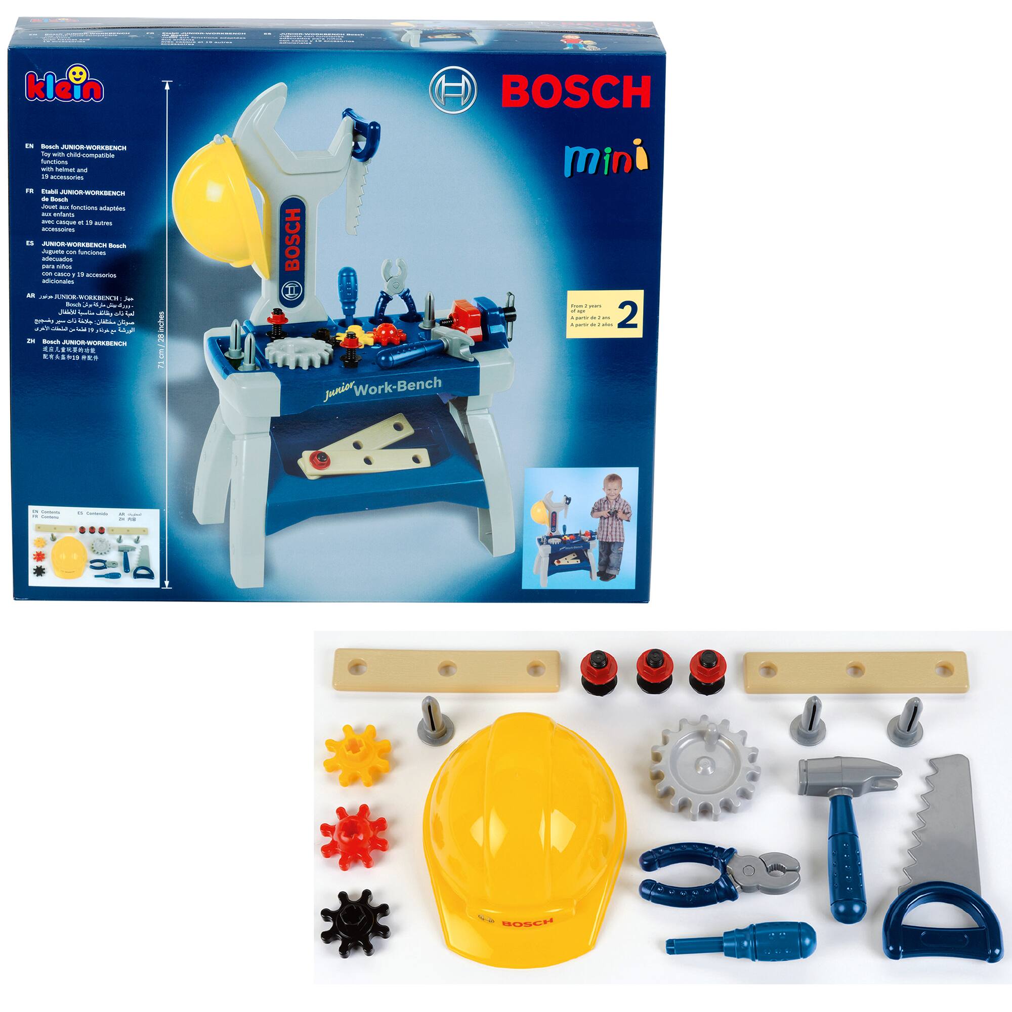 The image features a Bosch Mini Junior Work-Bench set, which includes various tools and accessories. The set includes a workbench, a wrench, a hammer, a saw, a drill, a screwdriver, and a pair of pliers. The tools are arranged on a table, and a child is also present in the scene, likely playing with the toy set. The box of the workbench set is also visible, providing a clear view of the contents inside.