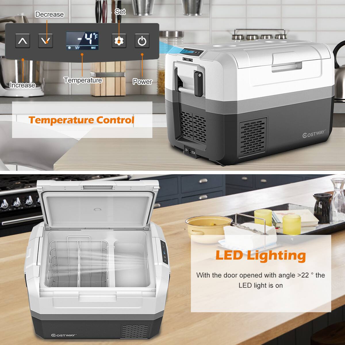 The image features a kitchen with a refrigerator and a microwave. The refrigerator has its door open, revealing the interior, and there is a microwave placed above the refrigerator. The image also shows a table with a bowl and a cup on it. The text on the image provides information about the refrigerator and microwave, including the temperature control and LED lighting features.