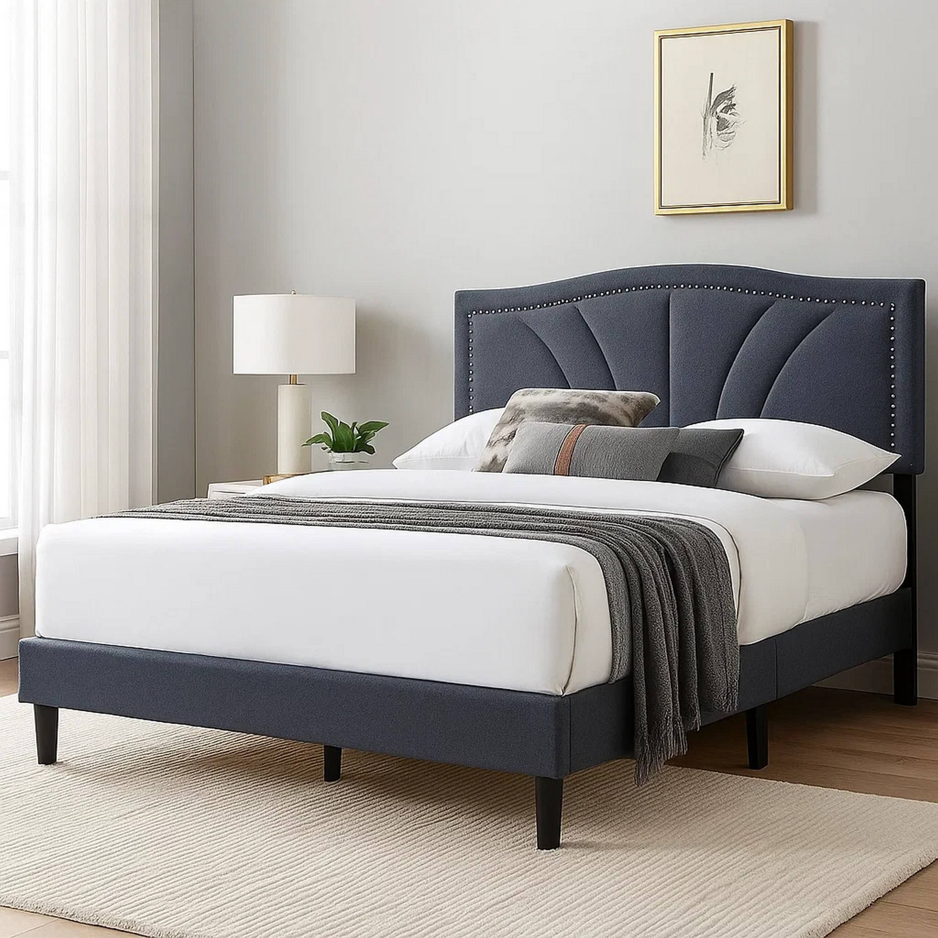 Alt View 3. Manhattan Lane - Carie Full Bed, Charcoal Gray Burlap Upholstery, Padded Headboard - Charcoal Gray, Black.