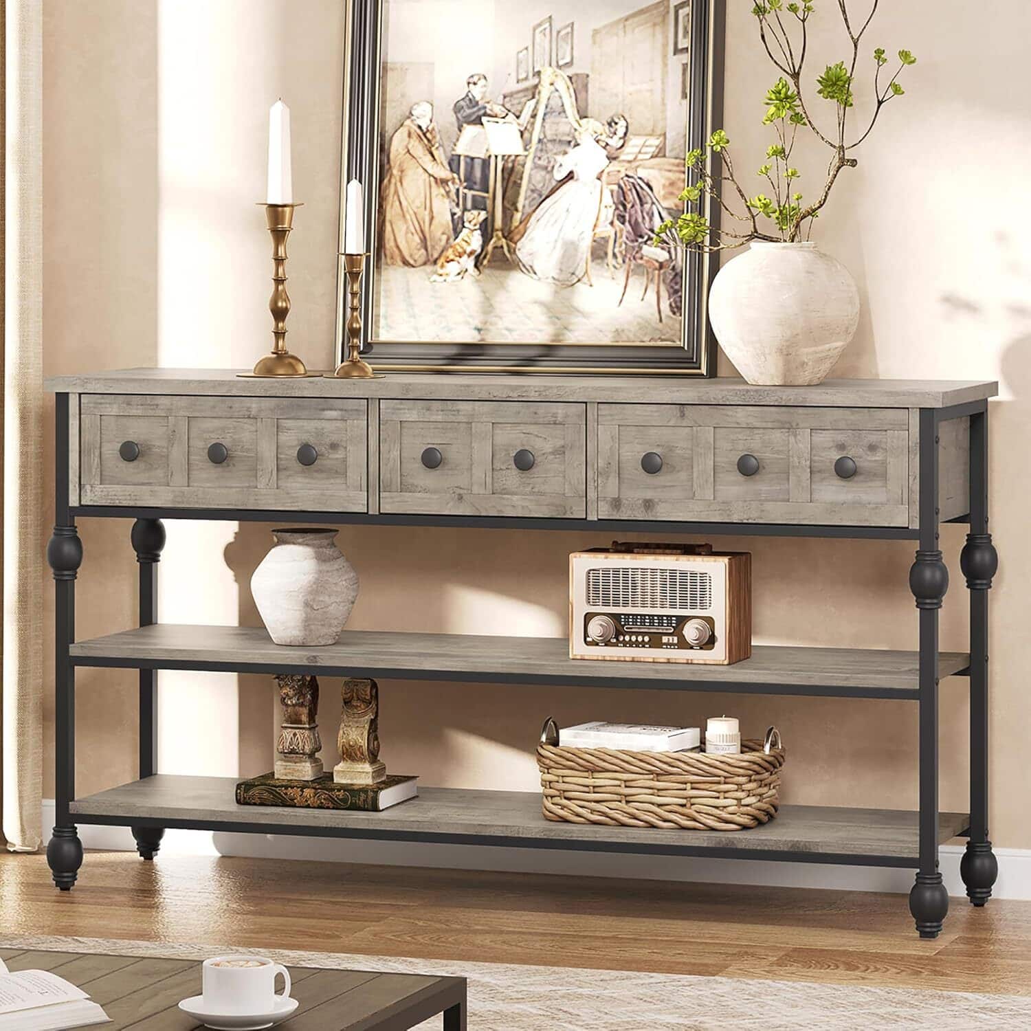 Acekool - 53" 3-Tier Console Sofa Table, Entryway Table with 3 Drawers for Hallway, Living Room, Grey - Gray