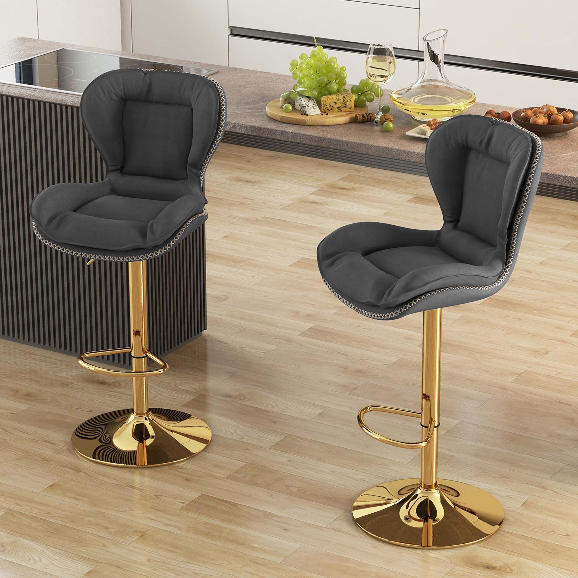 Alt View 1. Costway - Adjustable Metal Bar Stool Set of 2 leatherette Bar Chairs with Padded Seat & Footrest - Gray + Gold.