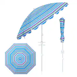 Costway - 6.5 FT Beach Umbrella with Tilt & Sand Anchor, UPF 50+ Sun Protection, Cup Holders - Blue Stripe