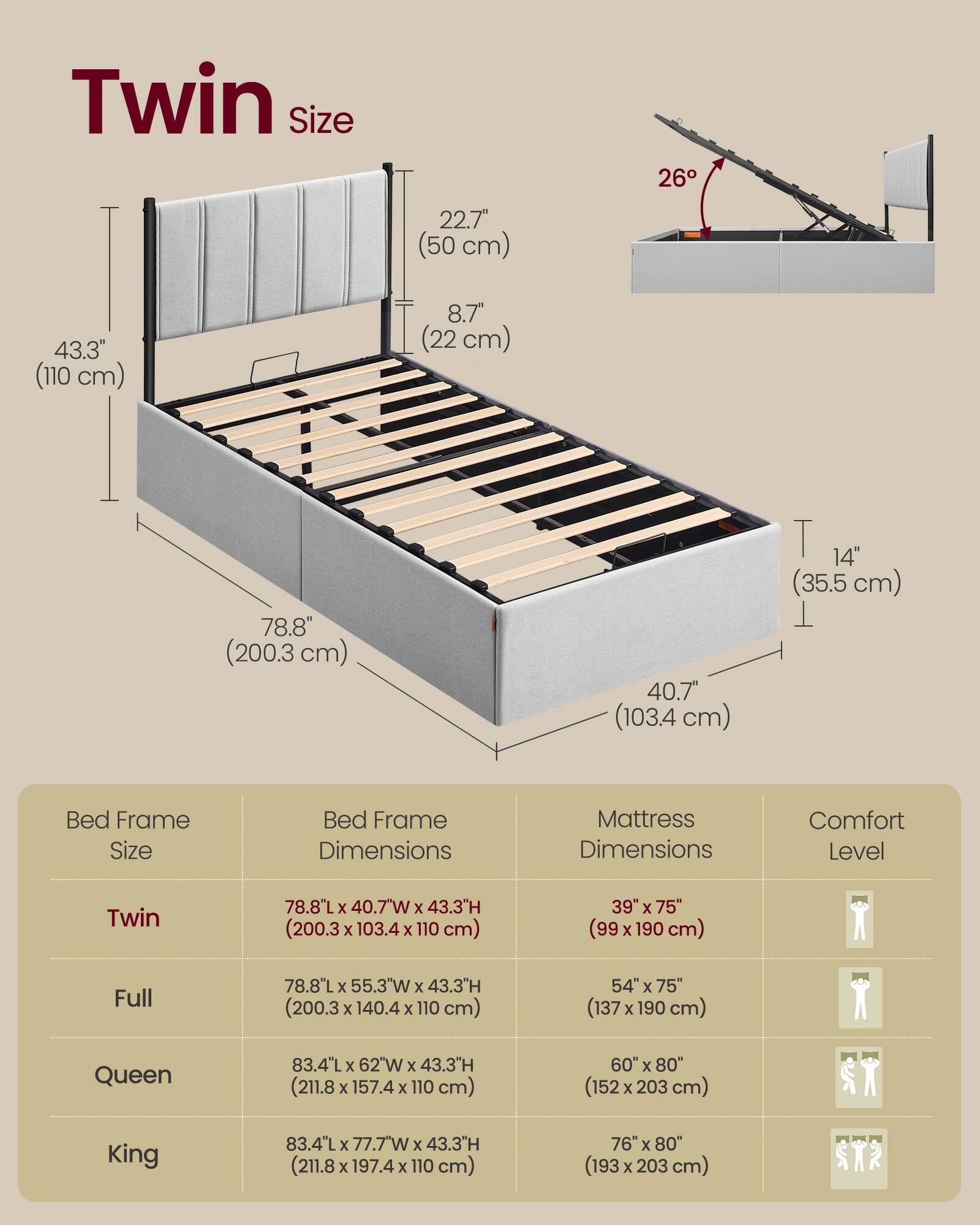 Twin Size

Bed Frame Size | Bed Frame Dimensions | Mattress Dimensions | Comfort Level

Twin | 78.8"L x 40.7"W x 43.3"H (200.3 x 103.4 x 110 cm) | 39" x 75" (99 x 190 cm) | (99 x 190 cm)

Full | 78.8"L x 55.3"W x 43.3"H (200.3 x 140.4 x 110 cm) | 54" x 75" (137 x 190 cm) | (137 x 190 cm)

Queen | 83.4"L x 62"W x 43.3"H (211.8 x 157.4 x 110 cm) | 60" x 80" (152 x 203 cm) | (152 x 203 cm)

King | 83.4"L x 77.7"W