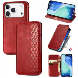 Dteck - Magnetic Retro PU Leather Wallet Case For Apple iPhone 17 Pro Card Slots Kickstand Flip Protective Phone Cover - Red