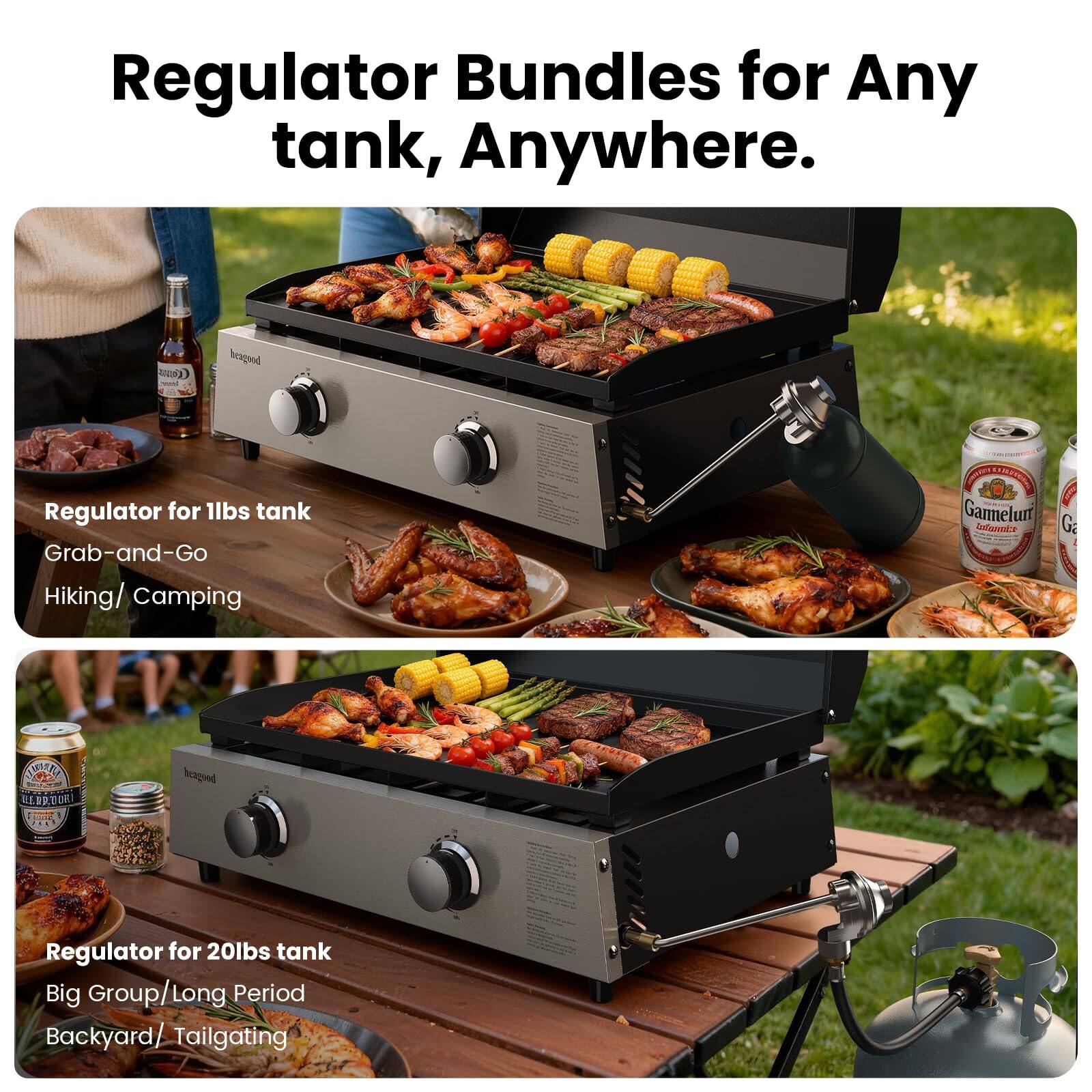 Regulator Bundles for Any tank, Anywhere.

Regulator for 1lbs tank
Grab-and-Go
Hiking/Camping

Regulator for 20lbs tank
Big Group/Long Period
Backyard/Tailgating