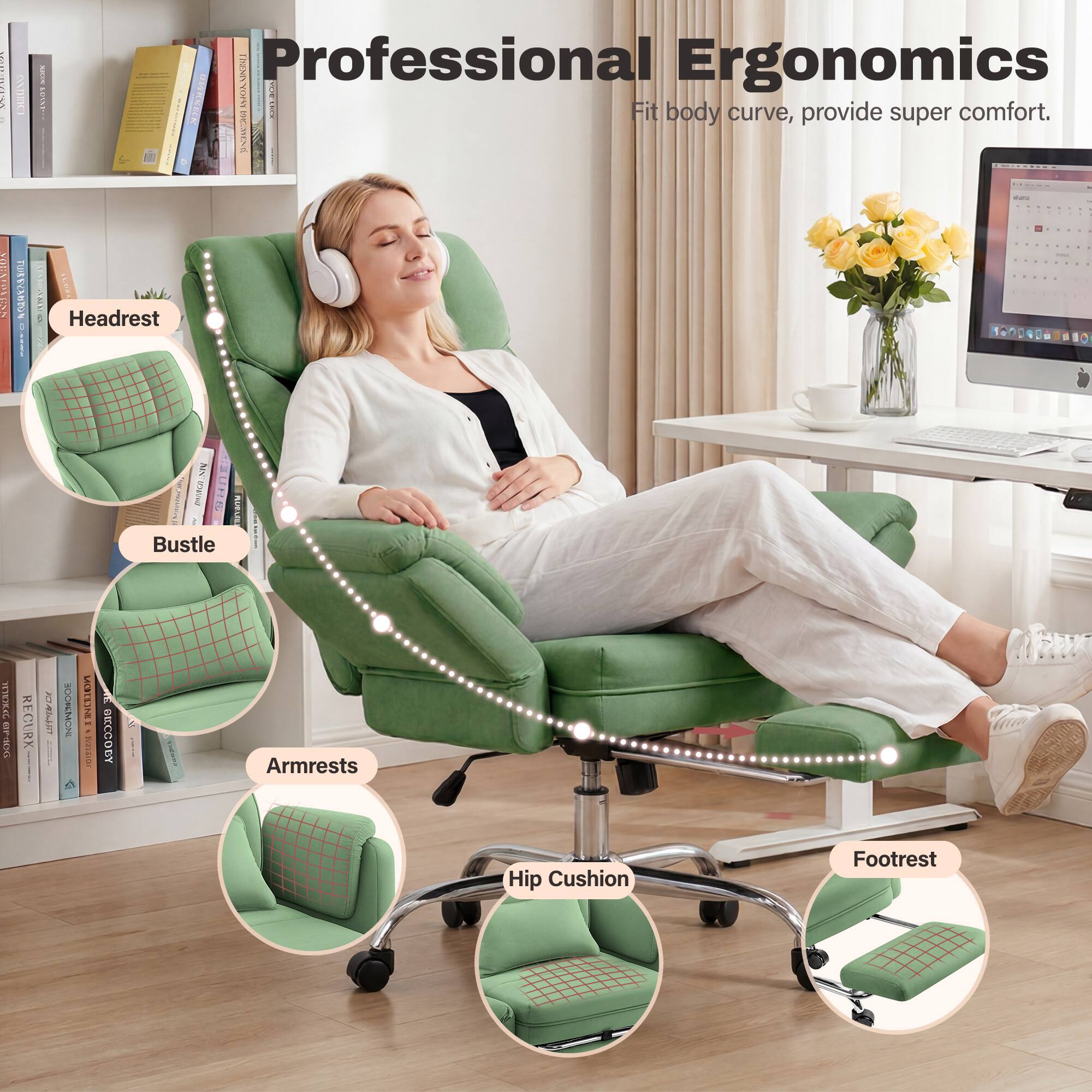 Professional Ergonomics  
Fit body curve, provide super comfort.

- Headrest
- Bustle
- Armrests
- Hip Cushion
- Footrest