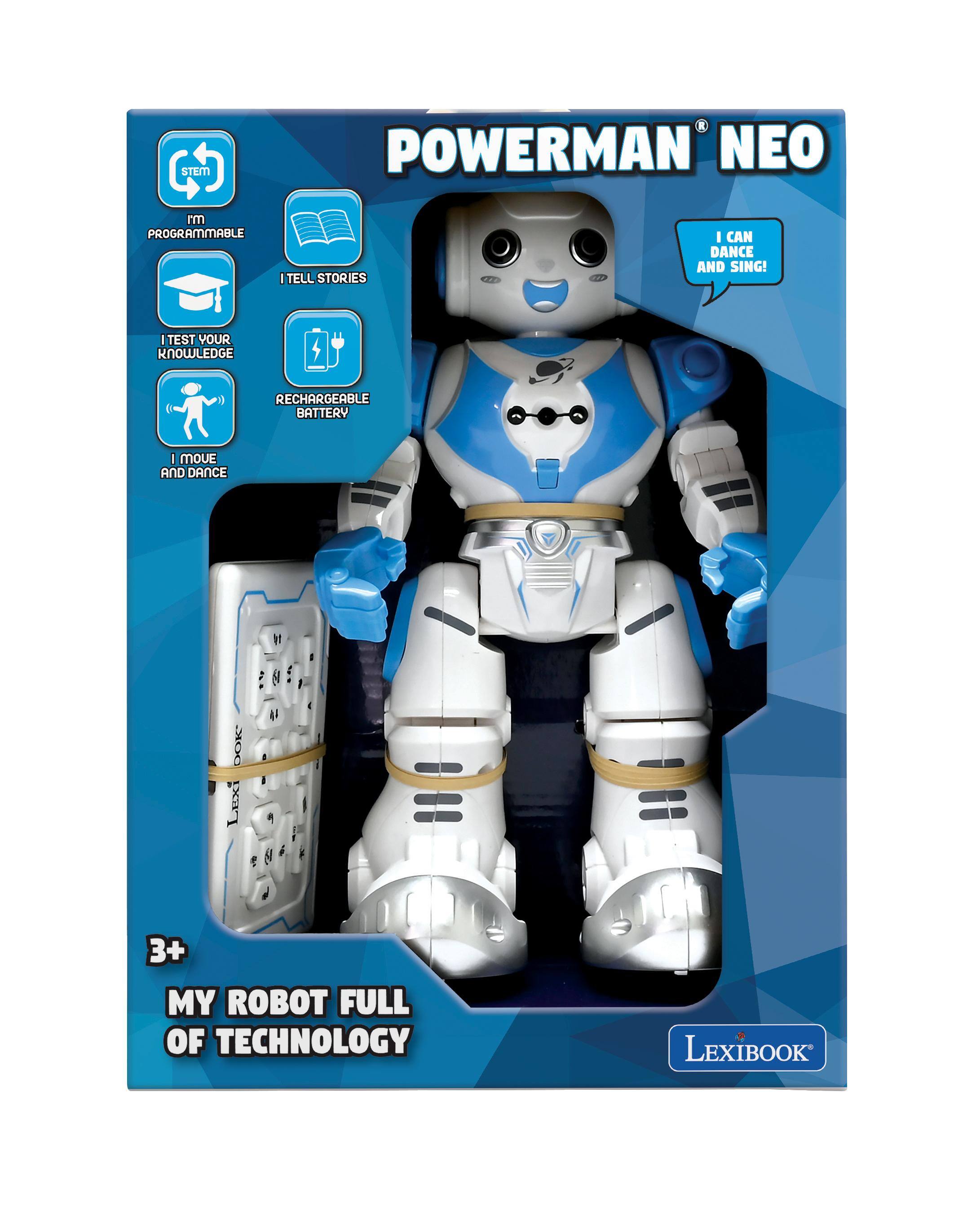 STEM  
POWERMAN NEO  
I'm PROGRAMMABLE  
- TELL STORIES  
I CAN DANCE AND SING!  
I TEST YOUR KNOWLEDGE  
RECHARGEABLE BATTERY  
I MOVE AND DANCE  
1g  
DOK LEXI  
V 9  
3+ MY ROBOT FULL OF TECHNOLOGY  
LEXIBOOK