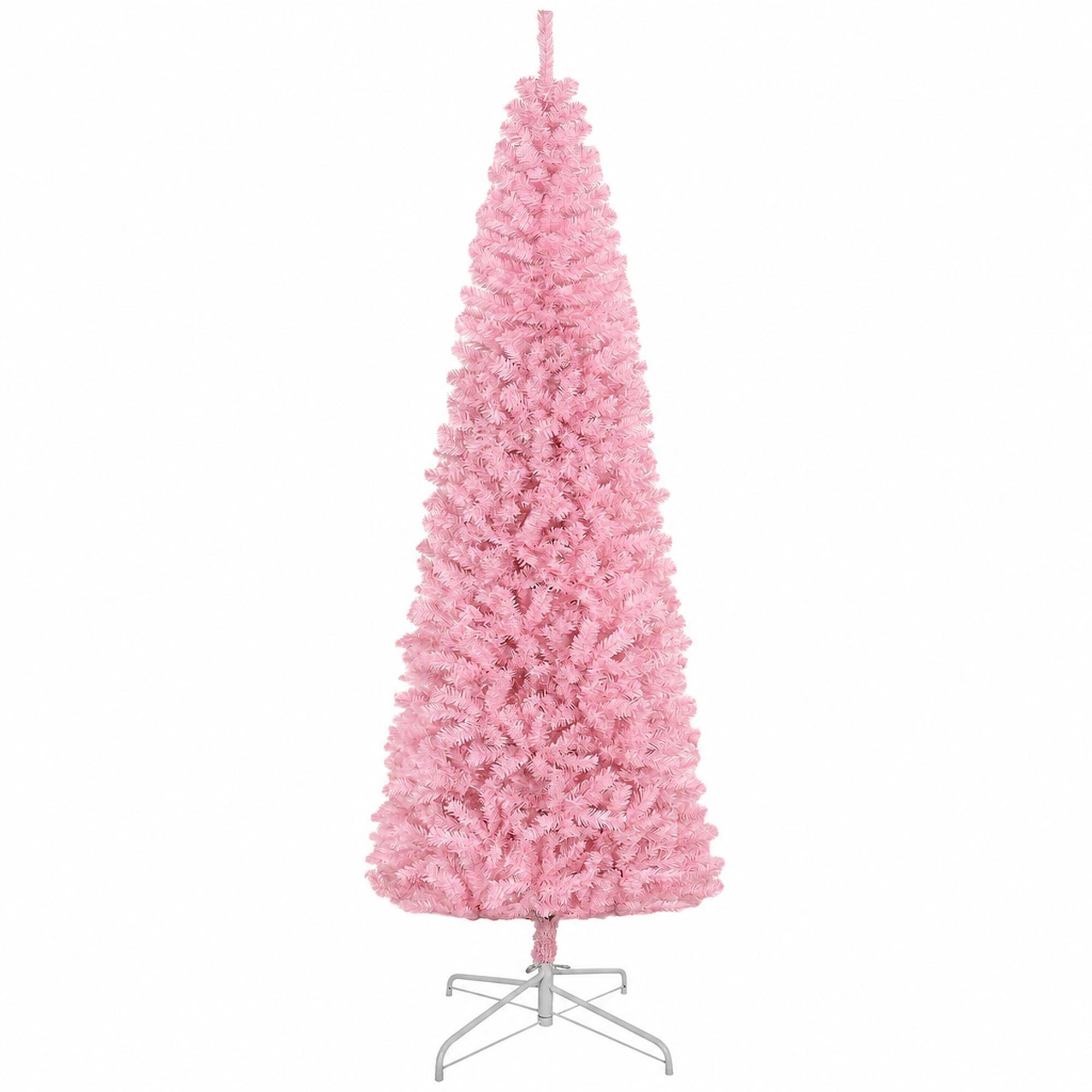 Front. RYHNUYNE - 8 Ft Unlit Slim Douglas Fir Pink Artificial Christmas Tree With 1168 Tips, Hinged Branches Metal Stand Holiday Decor - Pink.