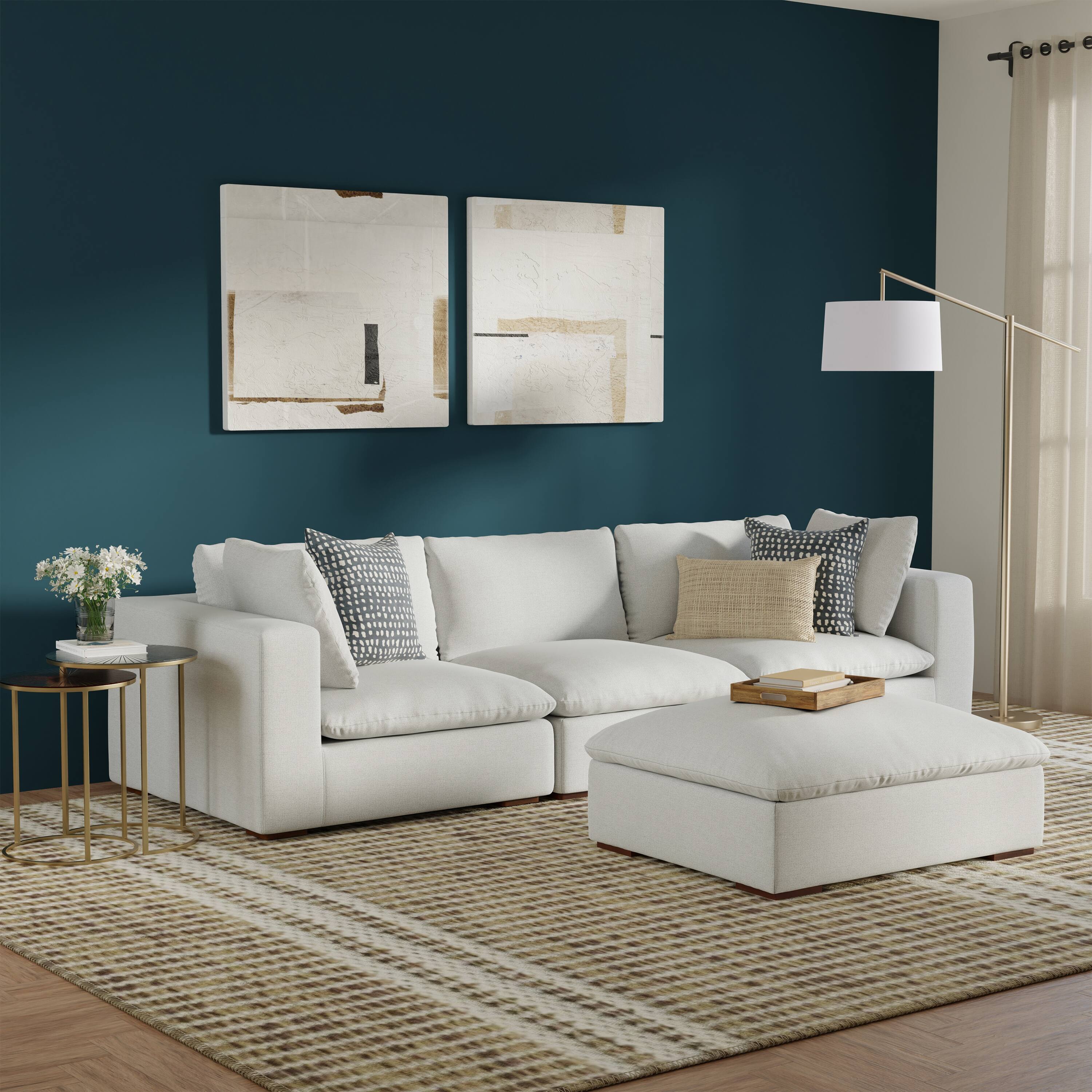 Angle. Simpli Home - Jasmine 3-Seater Modular Sofa and Ottoman Set in Performance Fabric - Cloud Grey.
