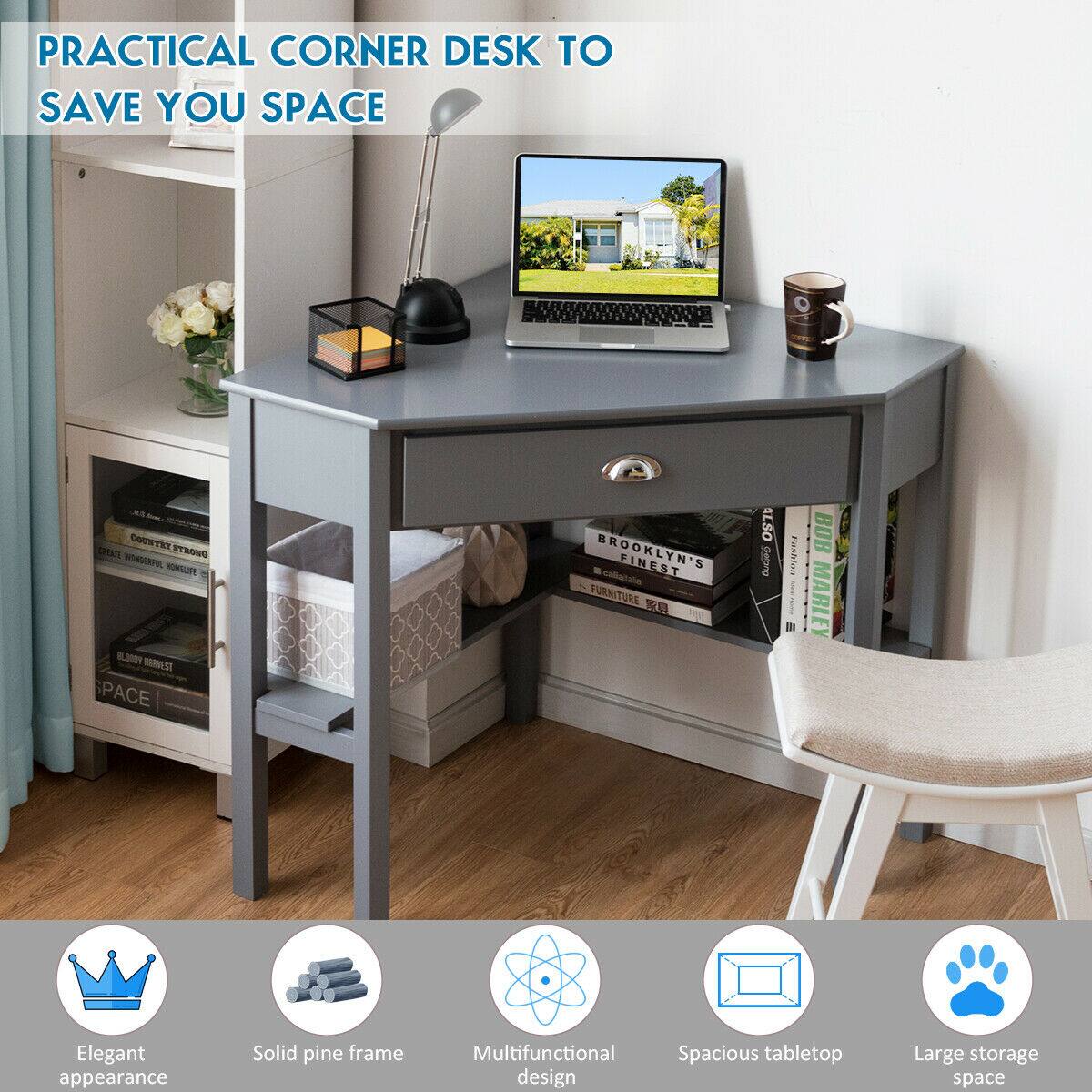 PRACTICAL CORNER DESK TO SAVE YOU SPACE

Elegant appearance
Solid pine frame
Multifunctional design
Spacious tabletop
Large storage space