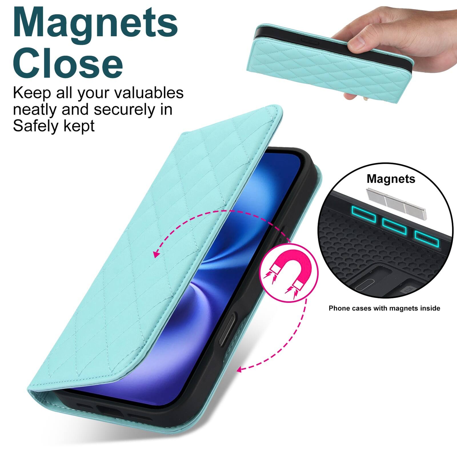 Magnets Close  
Keep all your valuables neatly and securely in Safely kept  
Magnets  
Phone cases with magnets inside