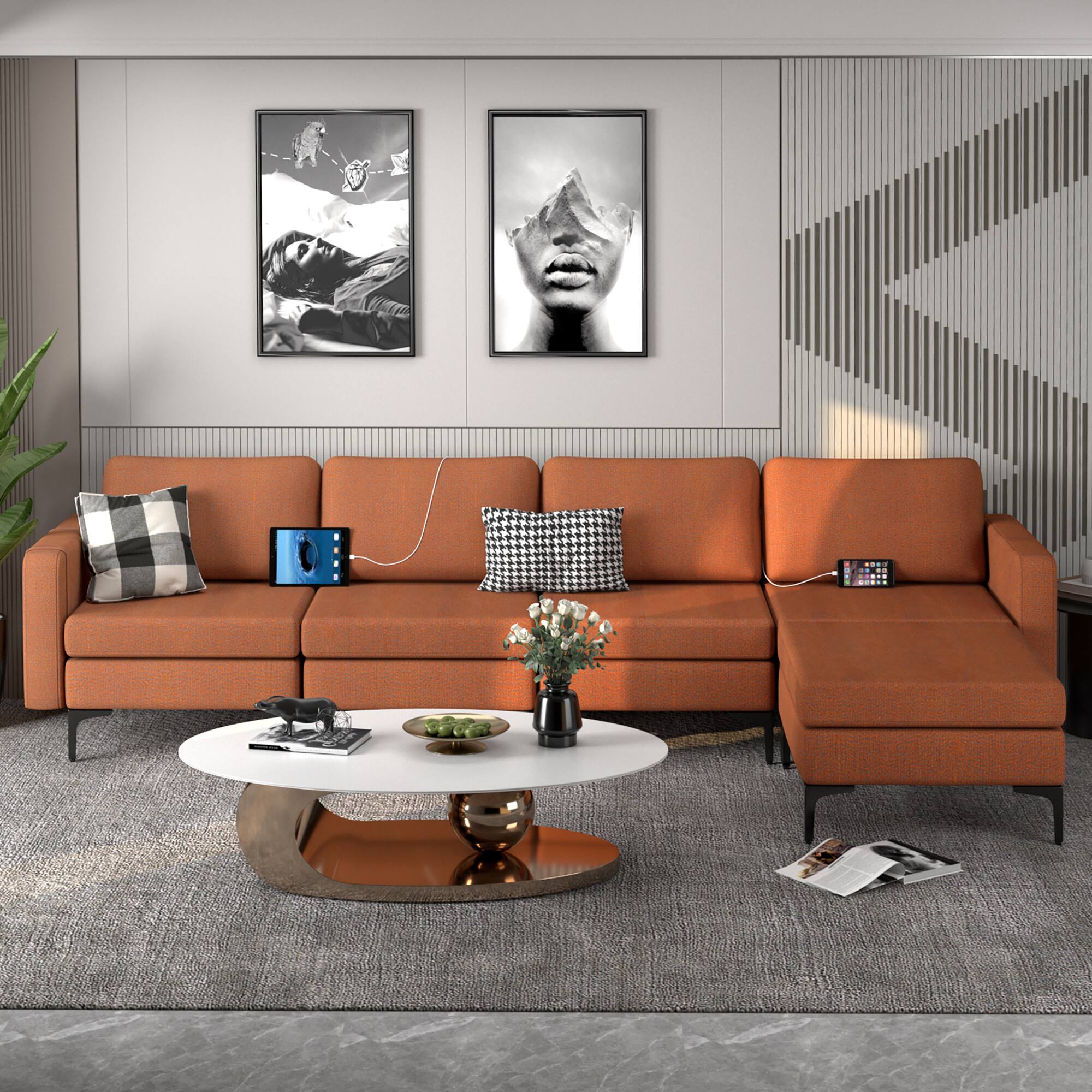 Alt View 1. Costway - Costway Modular L-shaped Sectional Sofa w/ Reversible Chaise & 4 USB Ports - Orange.
