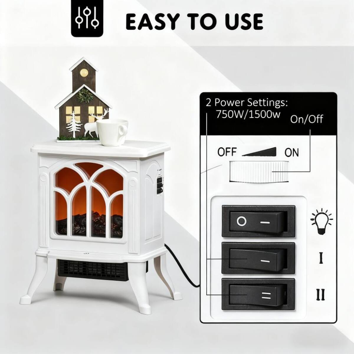EASY TO USE

2 Power Settings: 750W/1500W On/Off

OFF ON