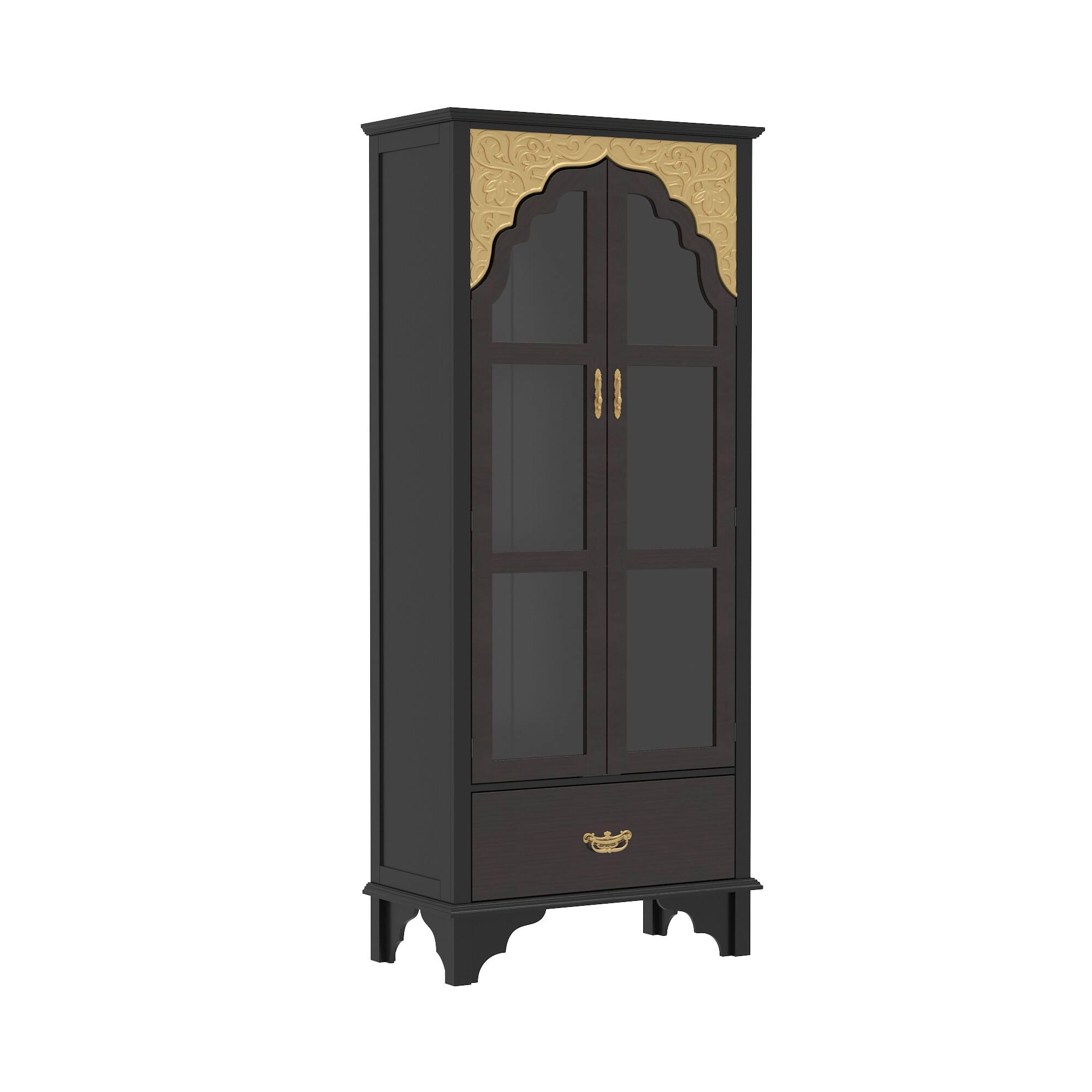 Angle. Famapy - Famapy Classic Display Cabinet with Ornate Gold Accents & Glass Doors - Black & Brown.