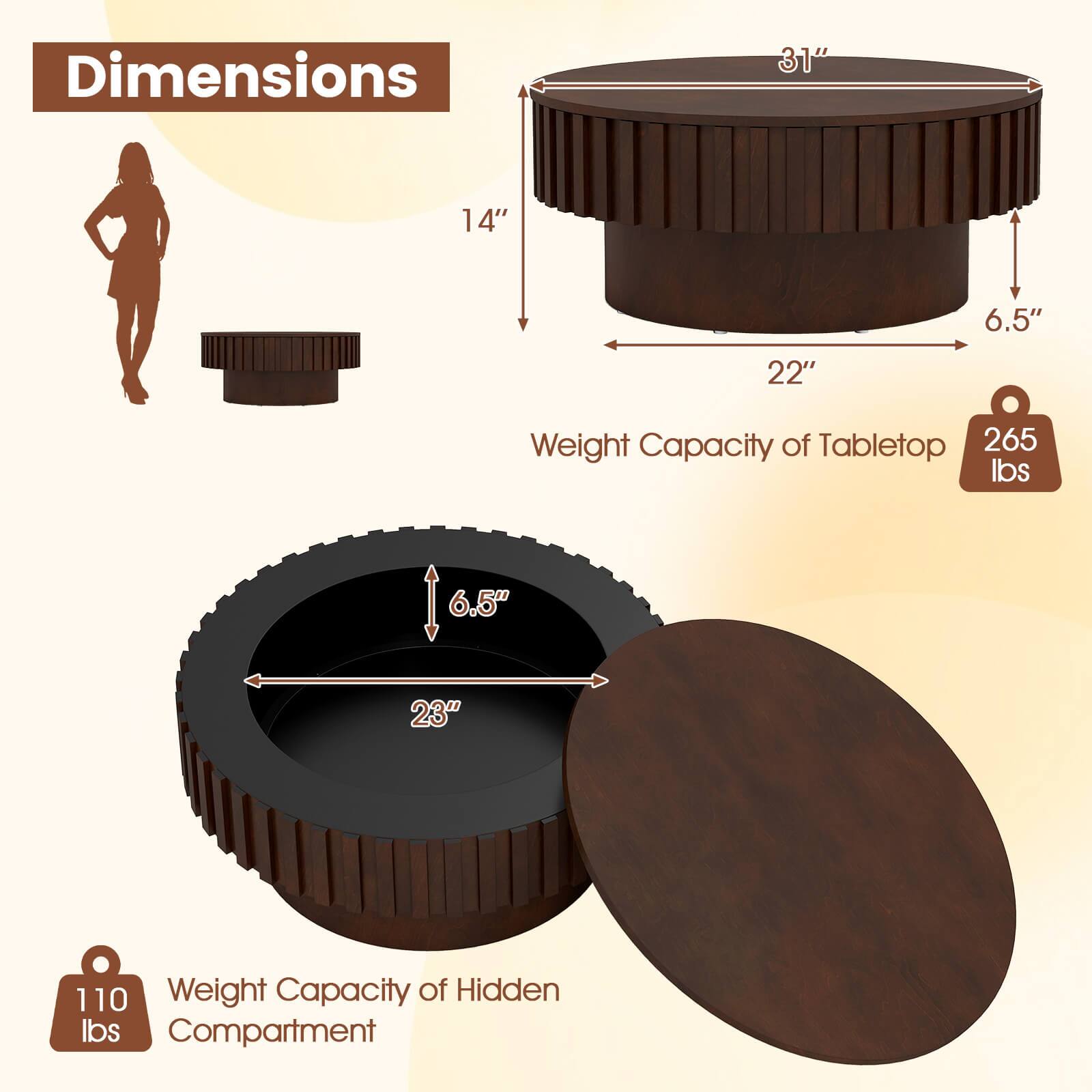 Dimensions: 31" x 14" x 6.5" x 22"  
Weight Capacity of Tabletop: 265 lbs  
Weight Capacity of Hidden Compartment: 110 lbs